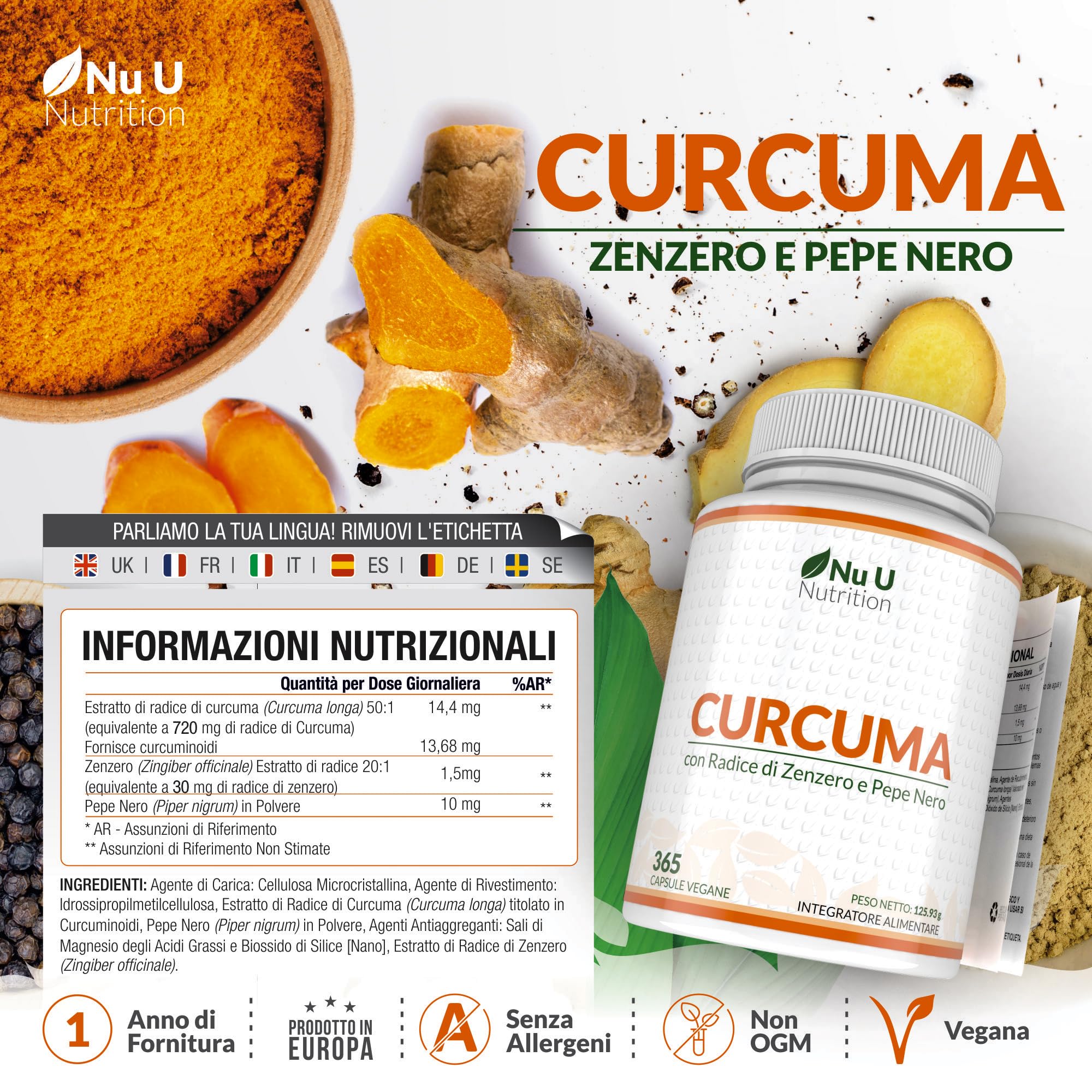 Curcuma 1520mg con Zenzero e Pepe Nero - 365 Capsule Vegane - Alto Dosaggio di Curcumina in Polvere - 95% di Curcuminoidi - Prodotto in Europa - Nu U Nutrition