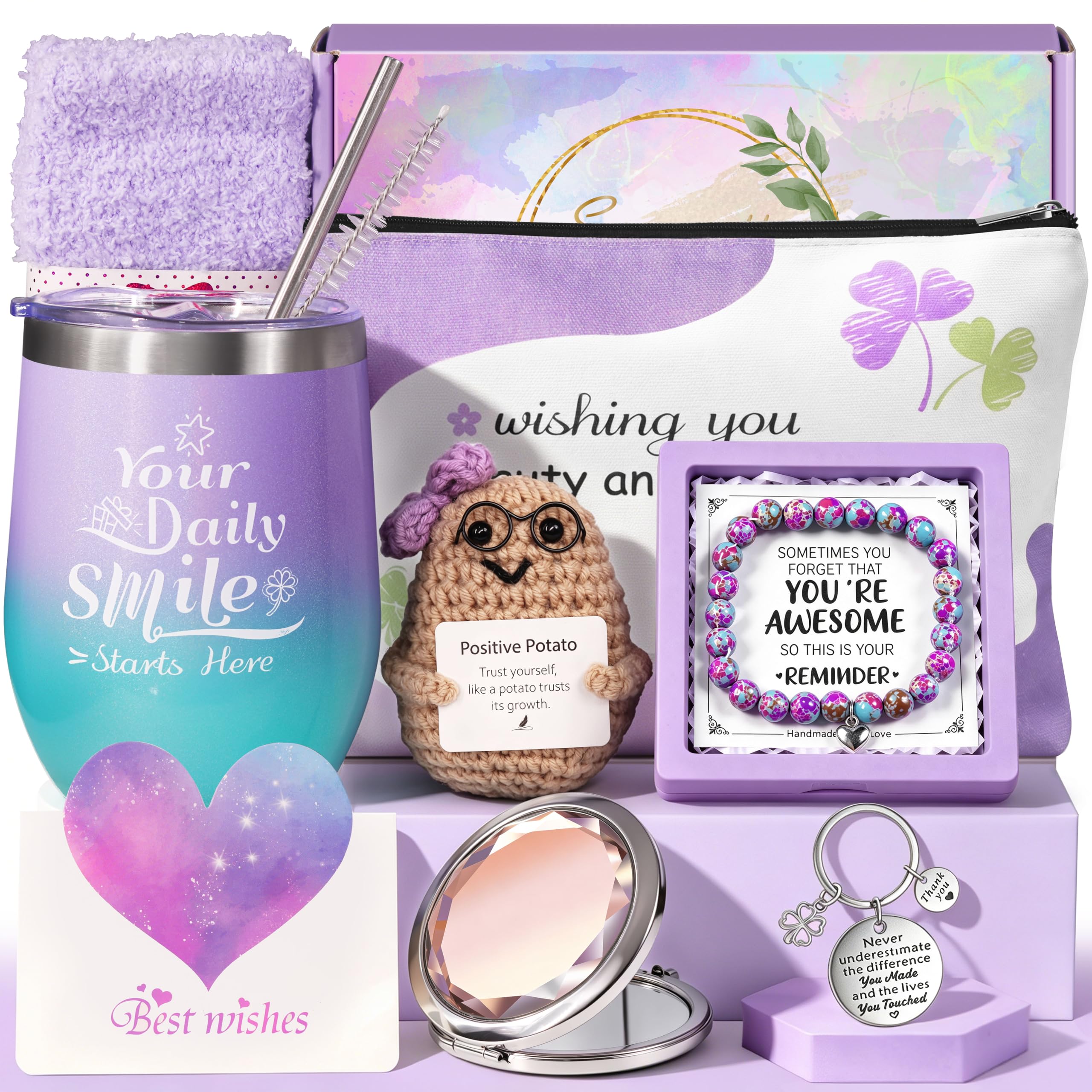 Geburtstagsgeschenke für Frauen, Geschenkbox mit Kosmetiktasche, Schlüsselanhänger, Armband & Spiegel, Geschenkset für Frauen, Ehefrau, Mutter, Schwester, Tochter, Beste Freundin