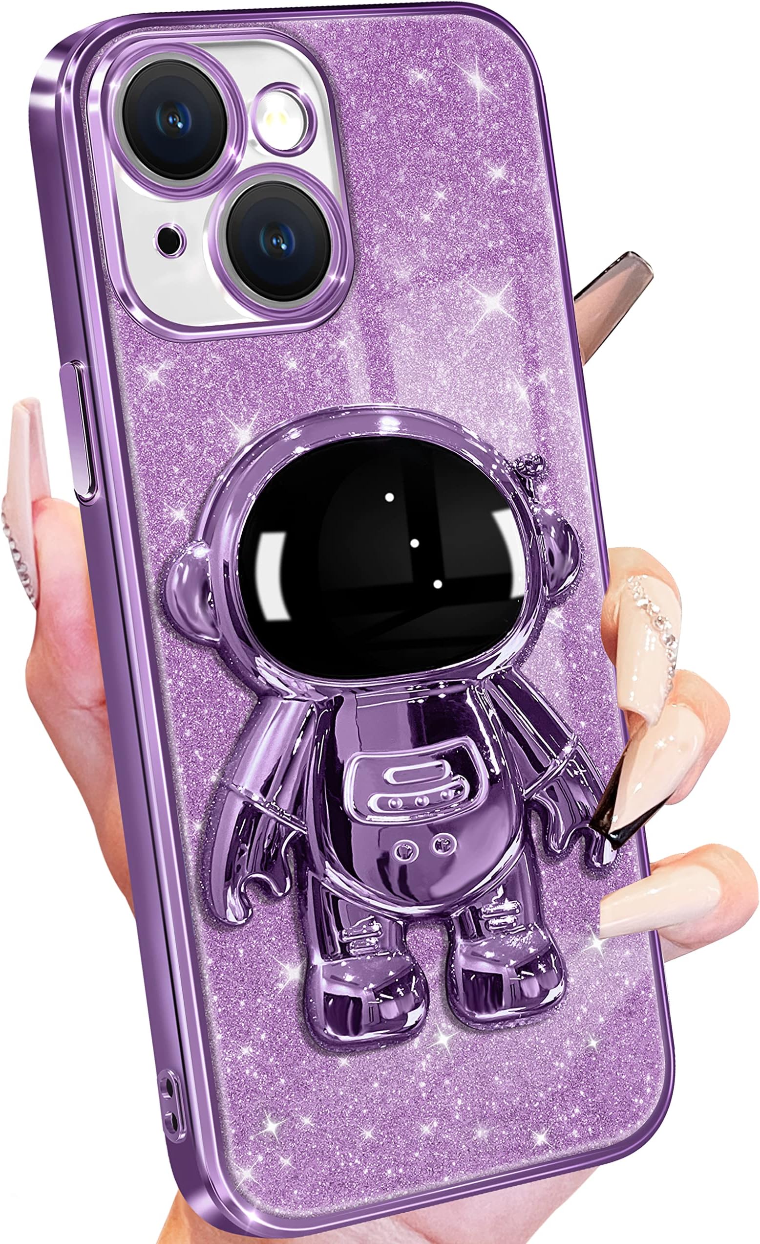 BuleensAstronaut Case for iPhone 14 Plus, Clear Glitter Spaceman Stand Phone Cover with Sparkly Space Design, Women Girls Cute Electroplated Purple