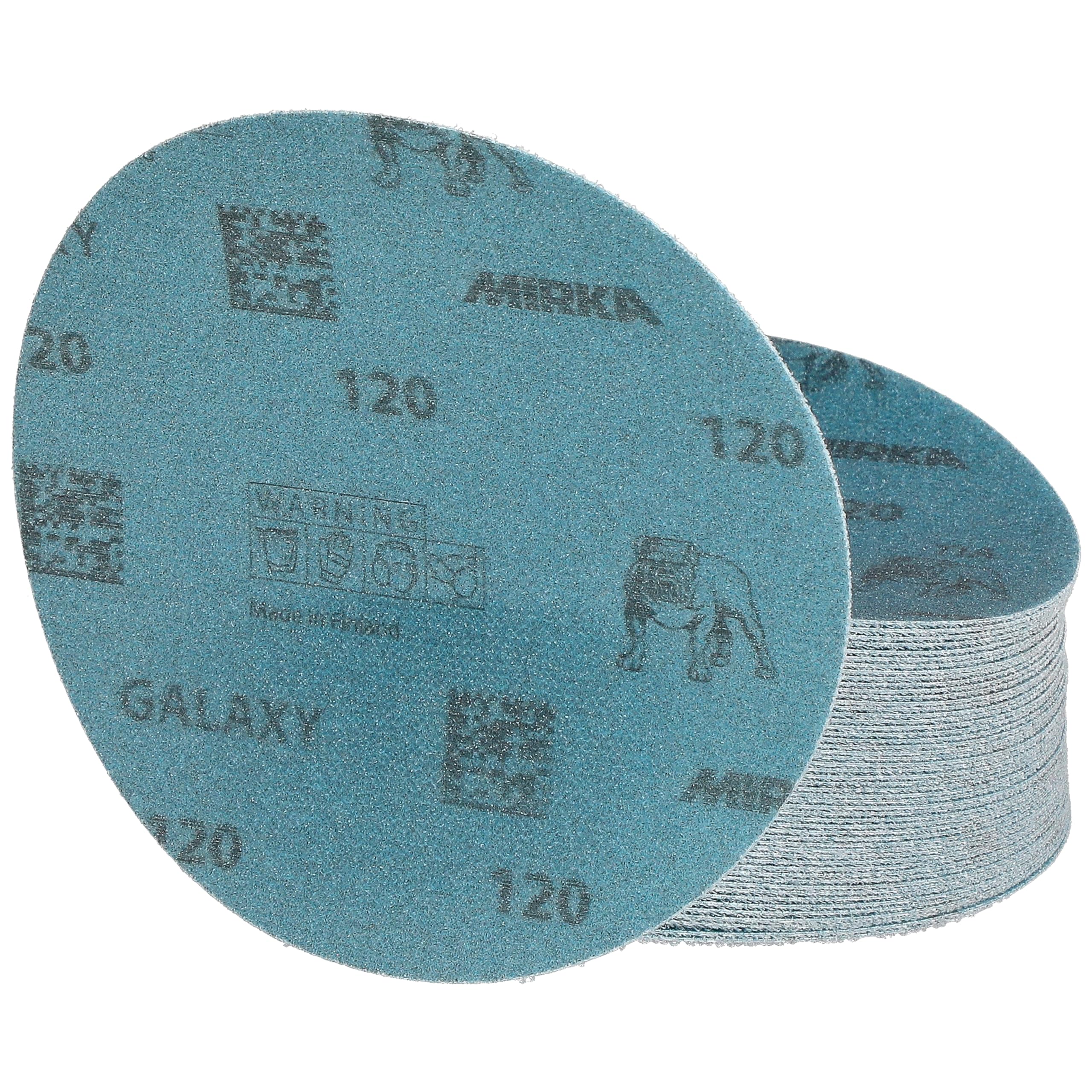 Mirka GalaxySandpaper - Papel de lija de 5 pulgadas (125 mm), grano 120, 50 discos/paquete, gancho y bucle, abrasivo de alta calidad para resina epoxi, madera, metal, sin obstrucciones, tecnología de
