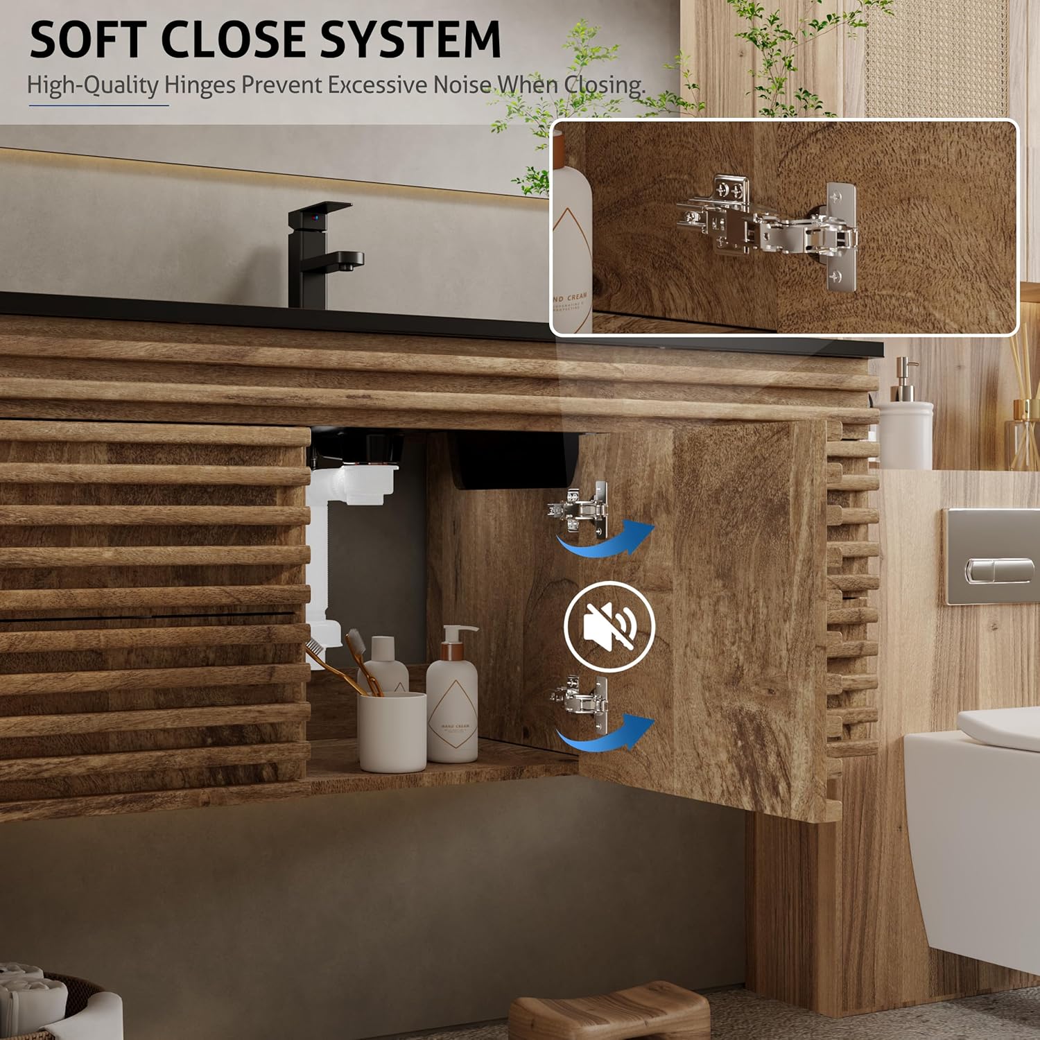 eclife 48" Floating Bathroom Vanity with Sink Combo, Mid-Century Wall Mounted Cabinet with Wood Stripes Decor, Drawers, Undermount Single Black Sink, Faucet, Drain, Light Walnut