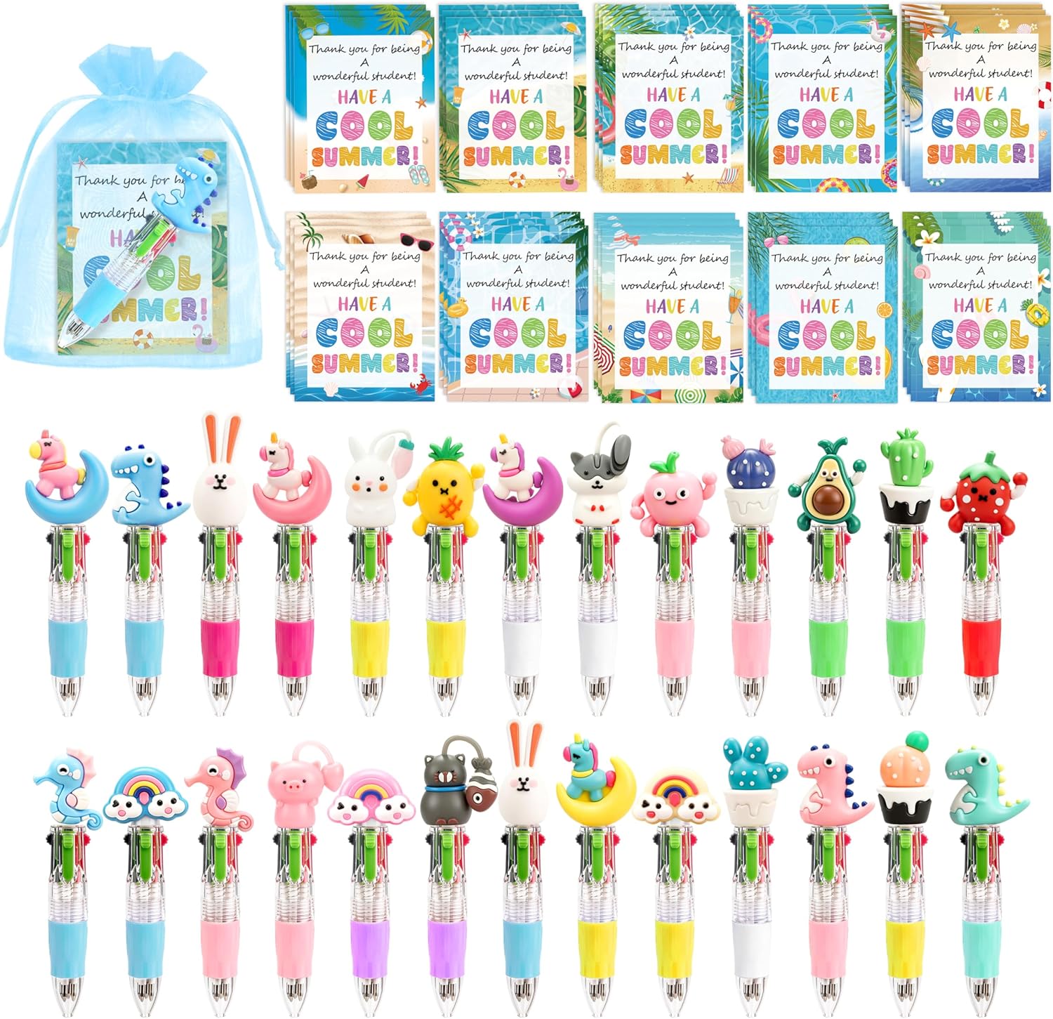THAWAY 30 Sets End of School Year Student Gifts, Multicolor Ballpoint Pens 4 in 1 with 30 Beach Gift Cards, Retractable Cute Cartoon Animal Ballpoint Pen for School Gift Party Favors, Classroom Prizes