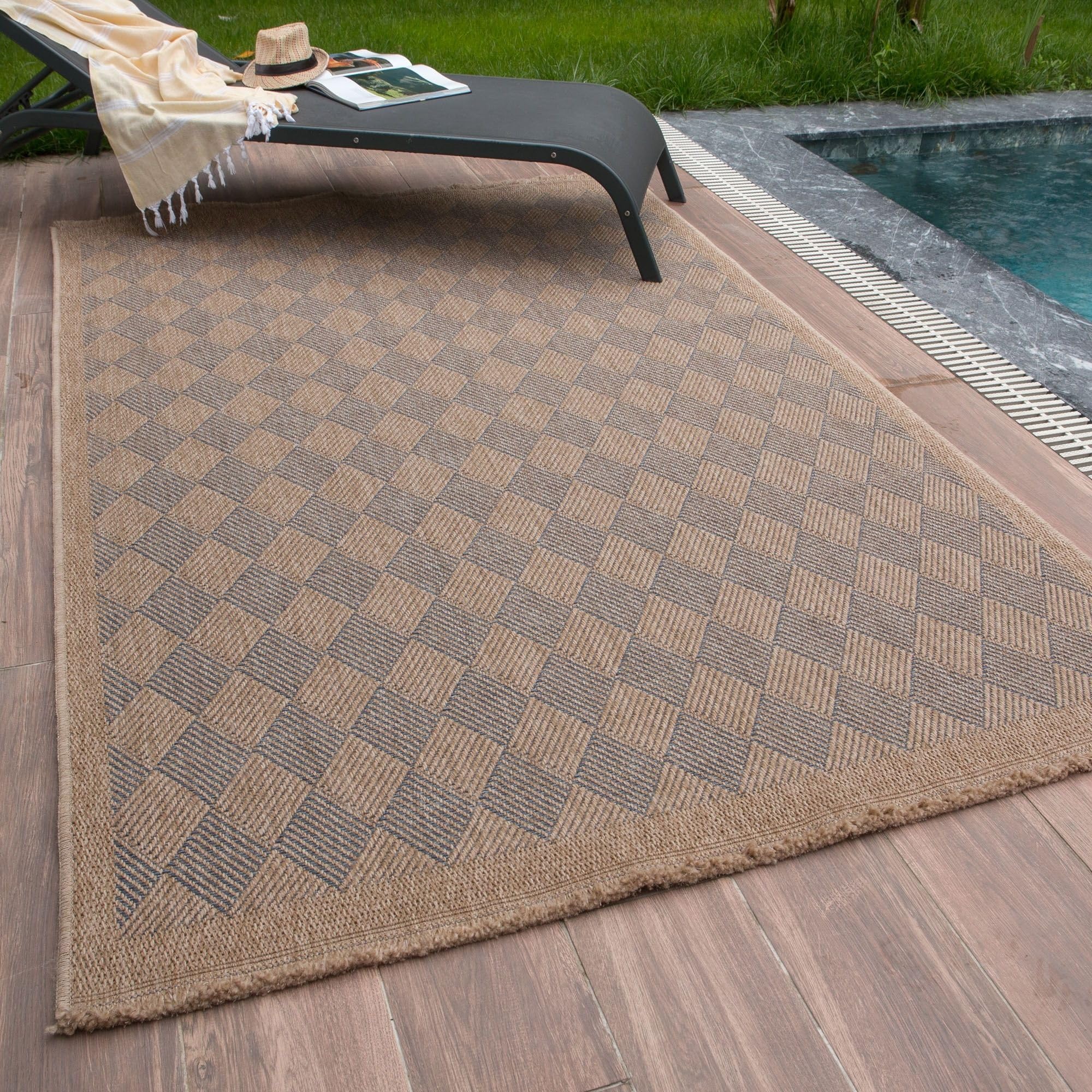 The Rugs Unisex Blue Jute Looking Diamond Design Outdoor Rugs In Garden Nature 5300B | Size: 240Cm X 340Cm