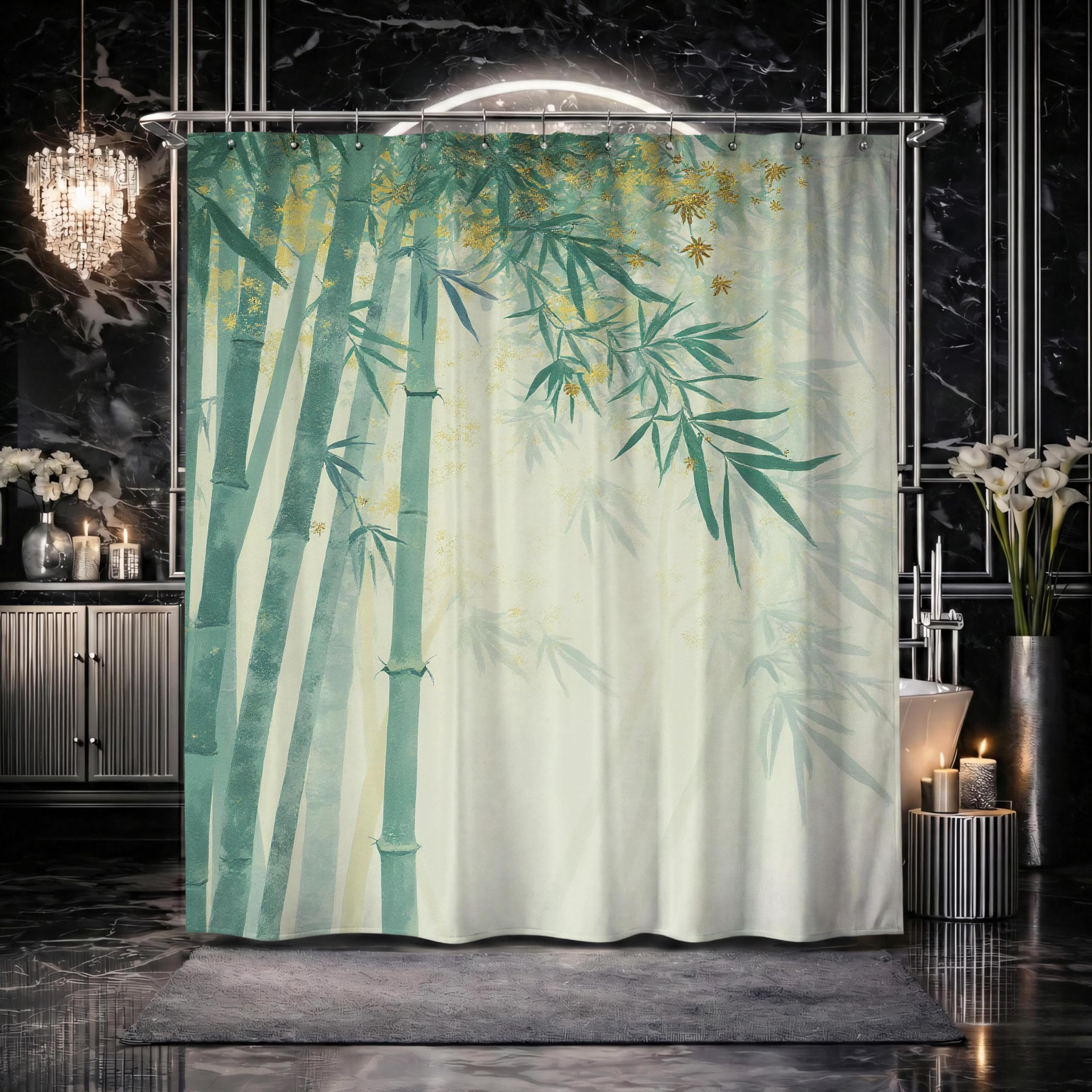 Tenda da doccia in bambù verde, decorazione bagno zen spa, tessuto in poliestere impermeabile e ad asciugatura rapida, lavabile in lavatrice (300x180 cm/118x71 pollici (LxA)/)