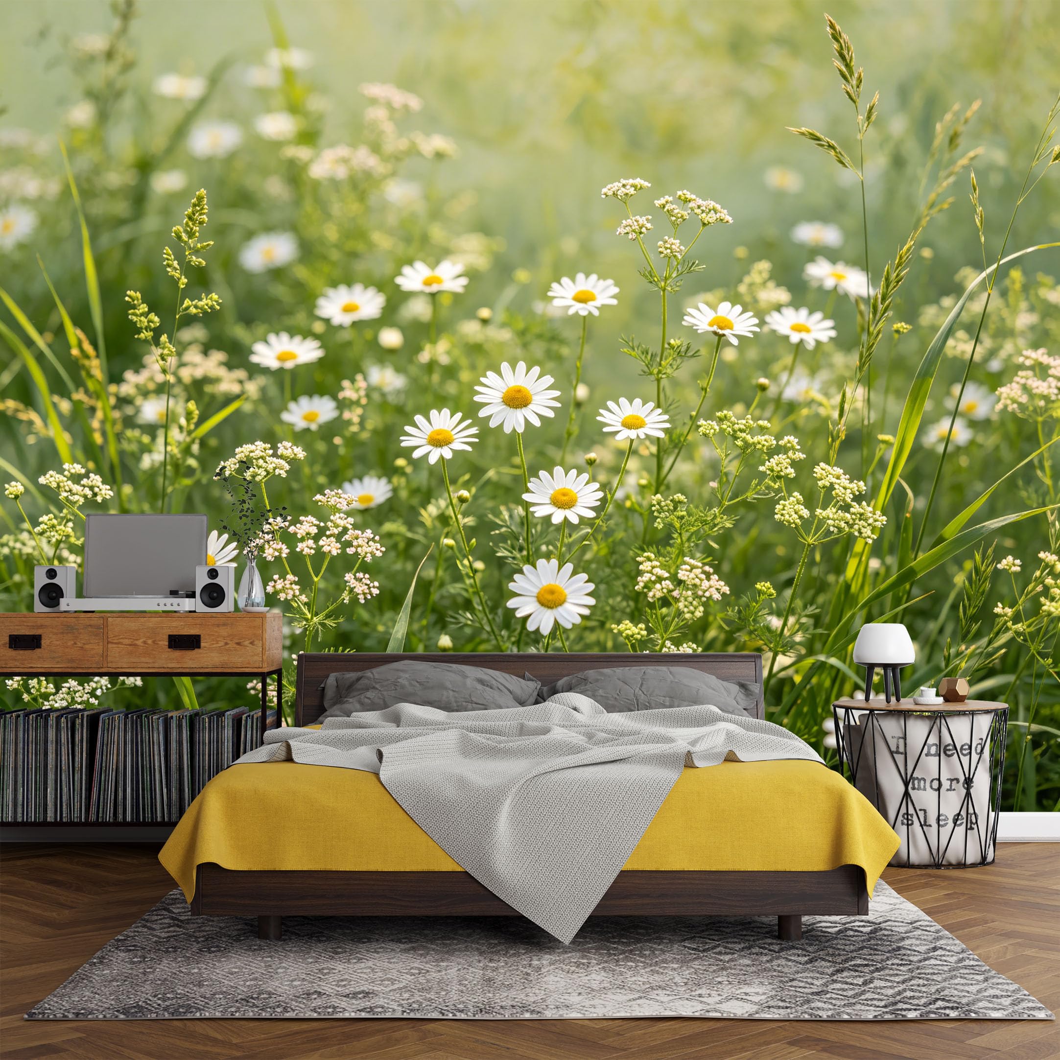 Custom Size Wall Mural， Botanical Meadow Daisy Wildflower Green Grasses，SelfAdhesive Art Prints wall Fabric (No PVC) Removable Wallpaper Living Room Decor