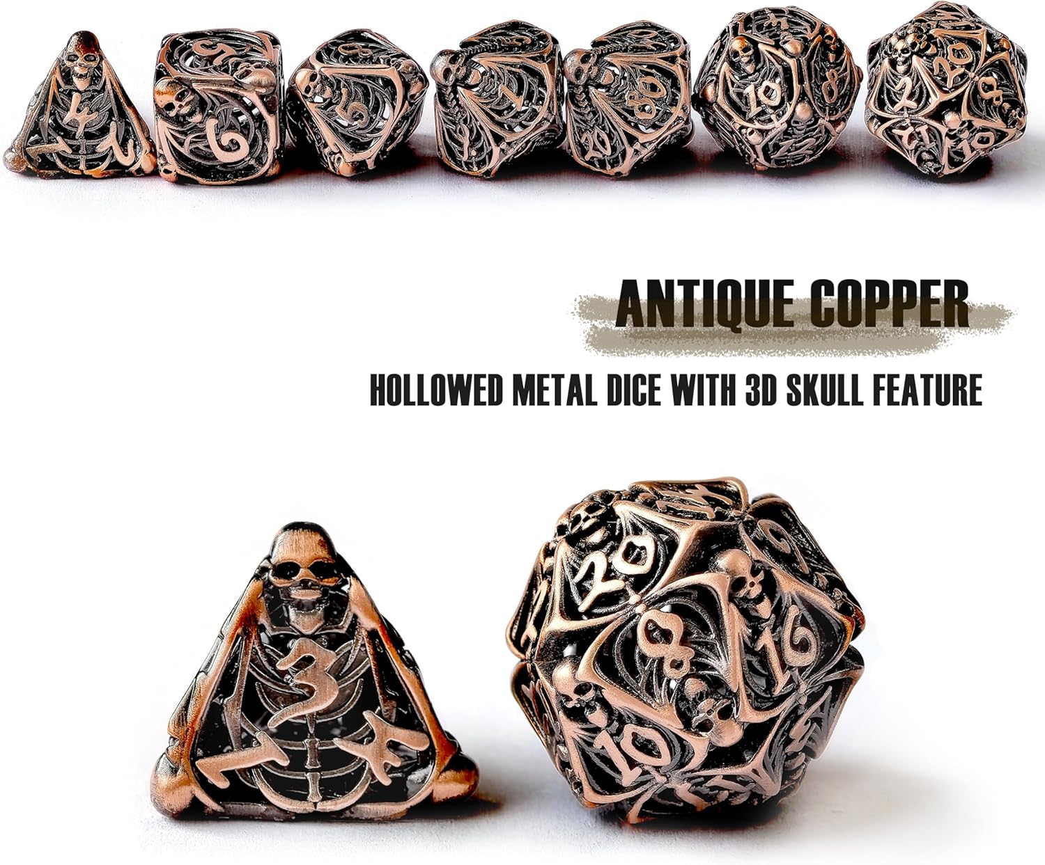 DND Metal Set Dice 7 Role Playing Dice Skull Feature, Hollow Metal D&D Dice Dungeons and Dragons (Antique Copper)