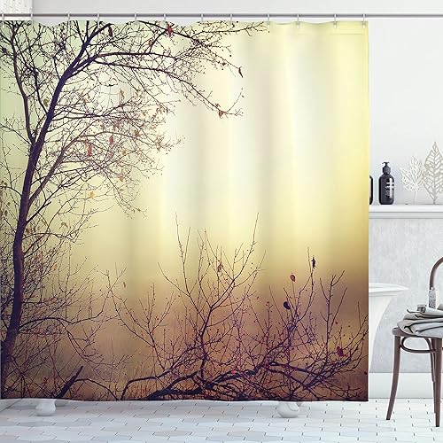 Ambesonne Cortina de ducha de naturaleza, vintage sin hojas, fondo de ramas de árbol de otoño en tonos saturados, imagen de arte ecológico, juego de