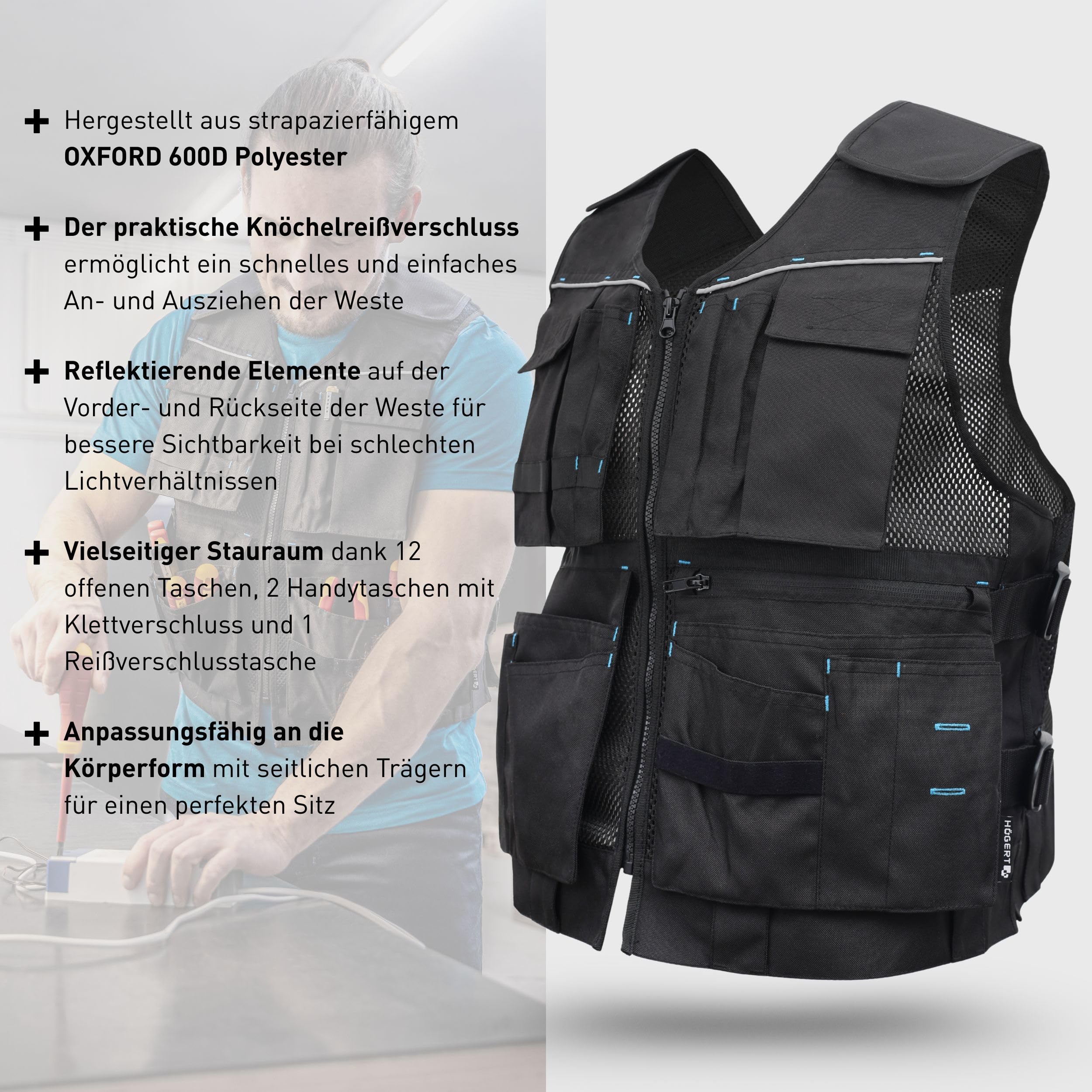 Werkzeugweste Für Handwerker – Mit 17 Taschen, Verstellbar, Reflektierend – Größen S Bis 4XL
