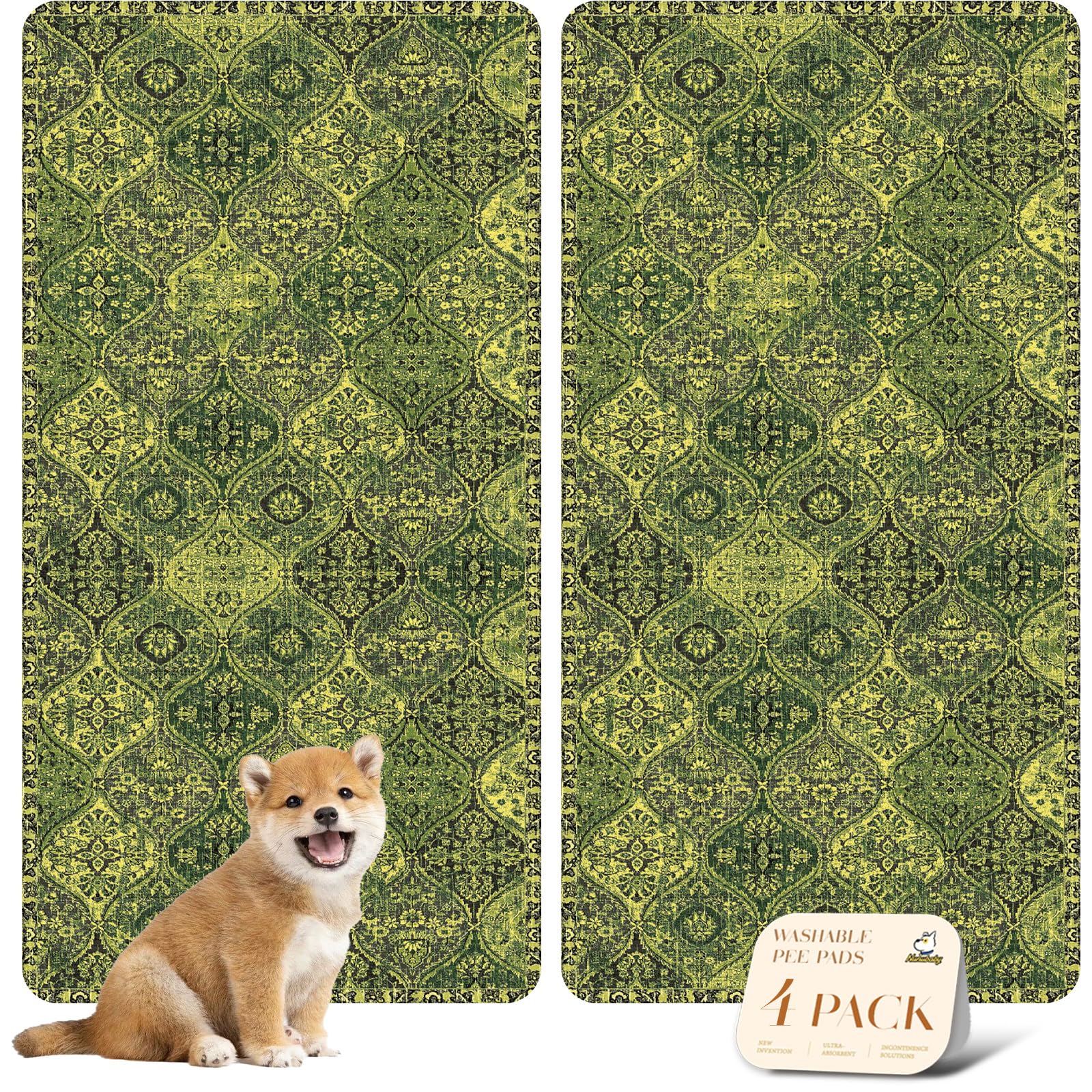 nunubaby 4PACK Washable Pee Pads for Dogs, Stylish, Non-Slip and Leak-Proof Pee Pads. Reusable Potty Pads for Dogs for Crates and Floors.(Green/Multi,24" x48" )