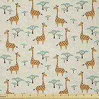 Vista 1 de Ambesonne The Yard, tela de jirafa estilo de dibujos animados que caminan entre árboles pequeños sobre fondo grunge, tema de sabana, tela de punto