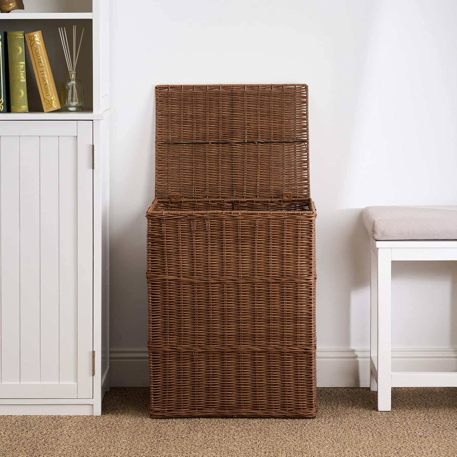 Rectangular Woven Resin Wicker Laundry Hamper Espresso Brown, Breathable Durable Laundry Basket Organizer, Stylish Decorative Storage Hamper for Bathroom Bedroom Laundry Room Closet