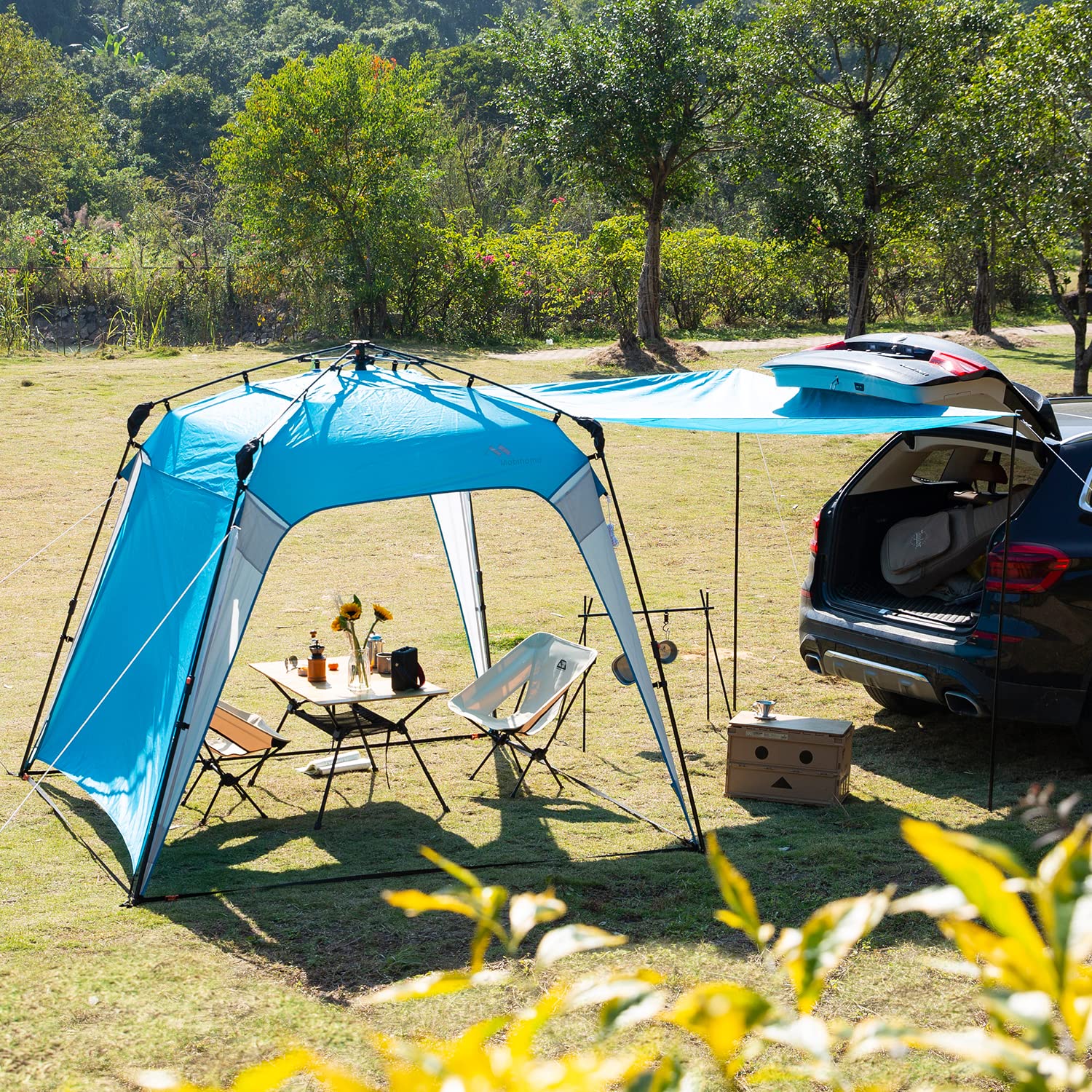 Toldo desplegable de 8.2 x 8.2 pies, sombrilla deportiva portátil instantánea, fácil de instalar y quitar, con protección solar y una pared de sombra incluida (azul toldo) 8