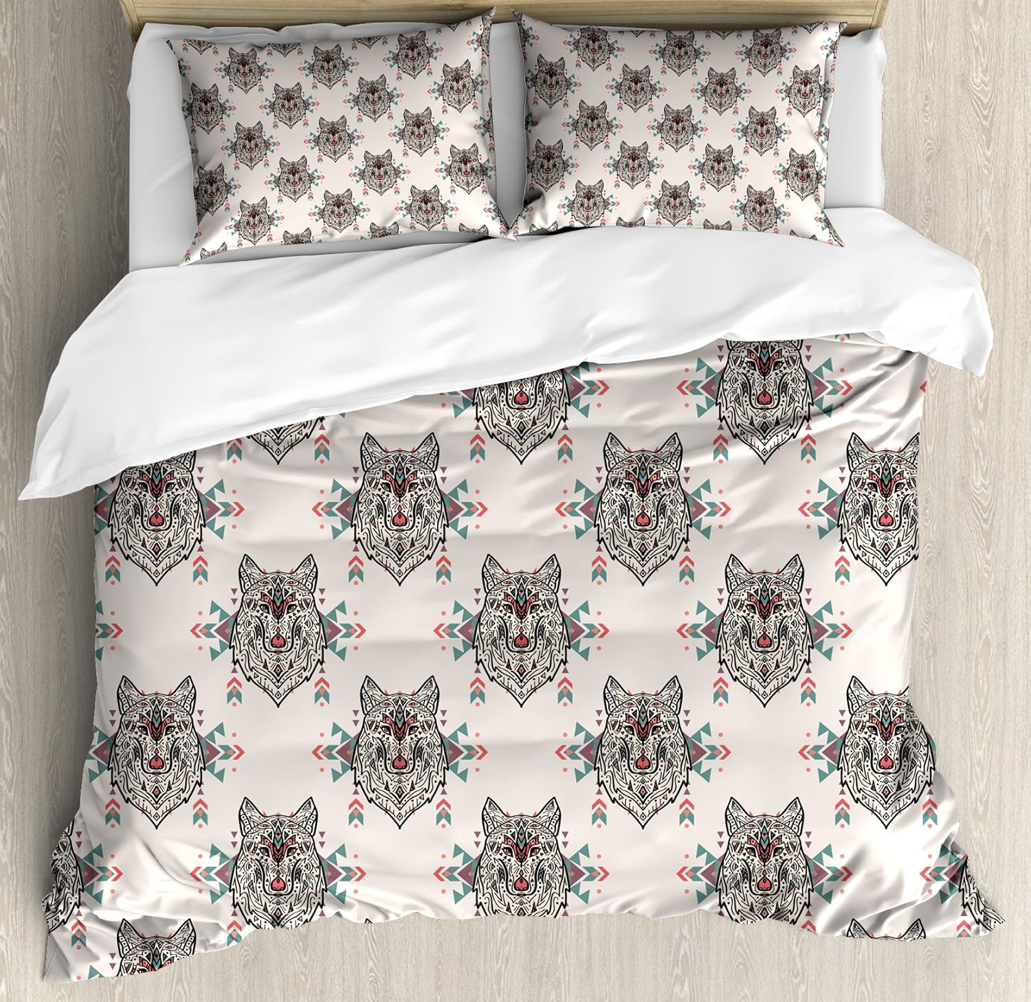 Ambesonne Dog Lover Duvet Cover Set, Wolf Pattern with Design Elements Motifs Geometric, Decorative 3 Piece Bedding Set with 2 Pillow Shams, Queen Size, Coconut Multicolor