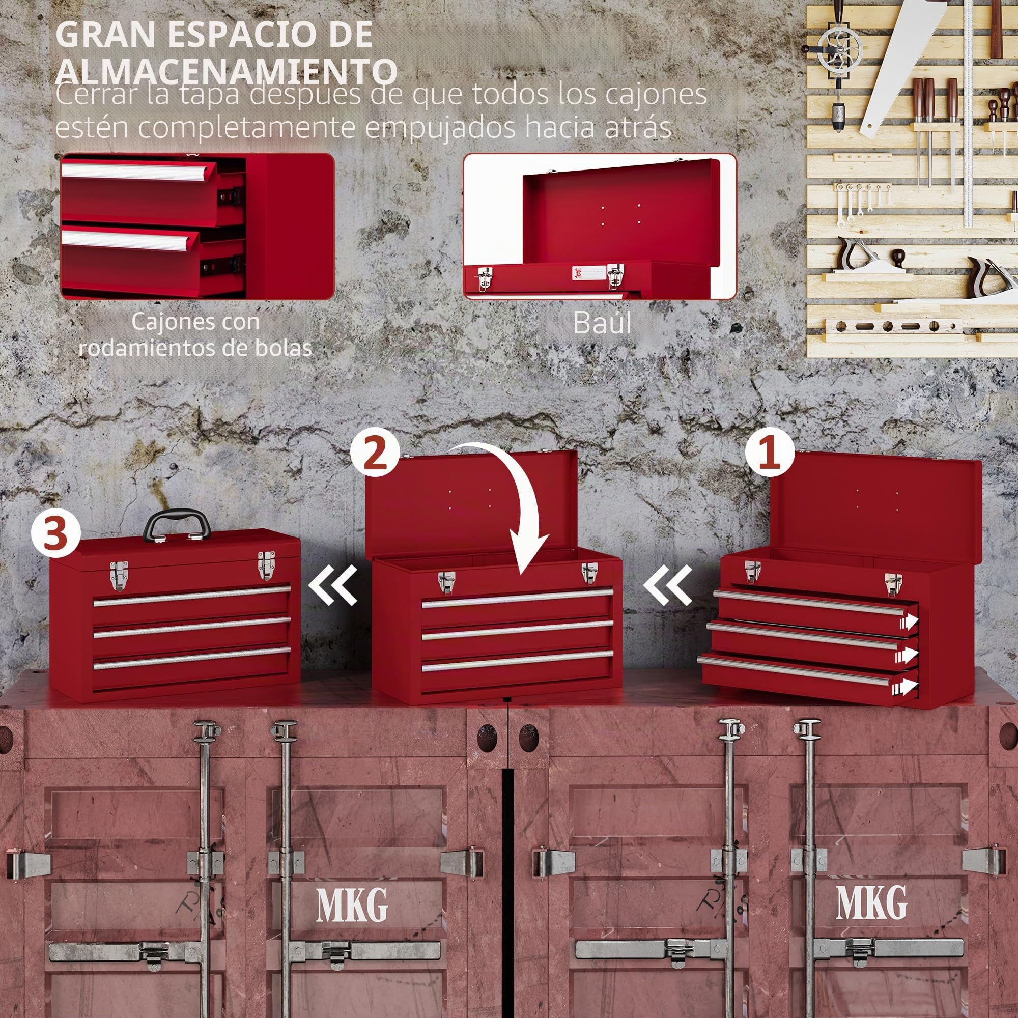 DURHAND Caja de herramientas vacía, 51 x 22 x 32 cm, caja de herramientas con 3 cajones, compartimento de almacenamiento superior, asa, caja de herramientas con 2 cerraduras, de acero, color rojo