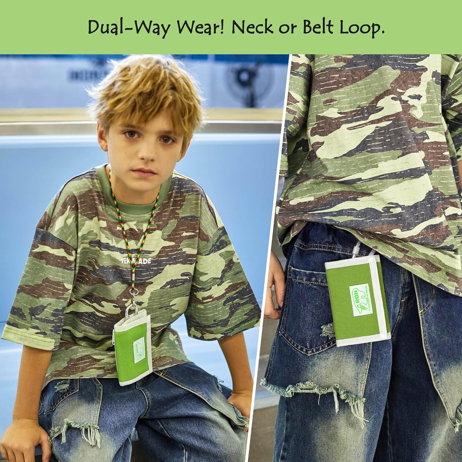 Rough Enough Kids Wallet for Boys Teen with Neck Lanyard Strap Keychain Zipper Coin Pocket Card Holder Green Canvas - Image 4