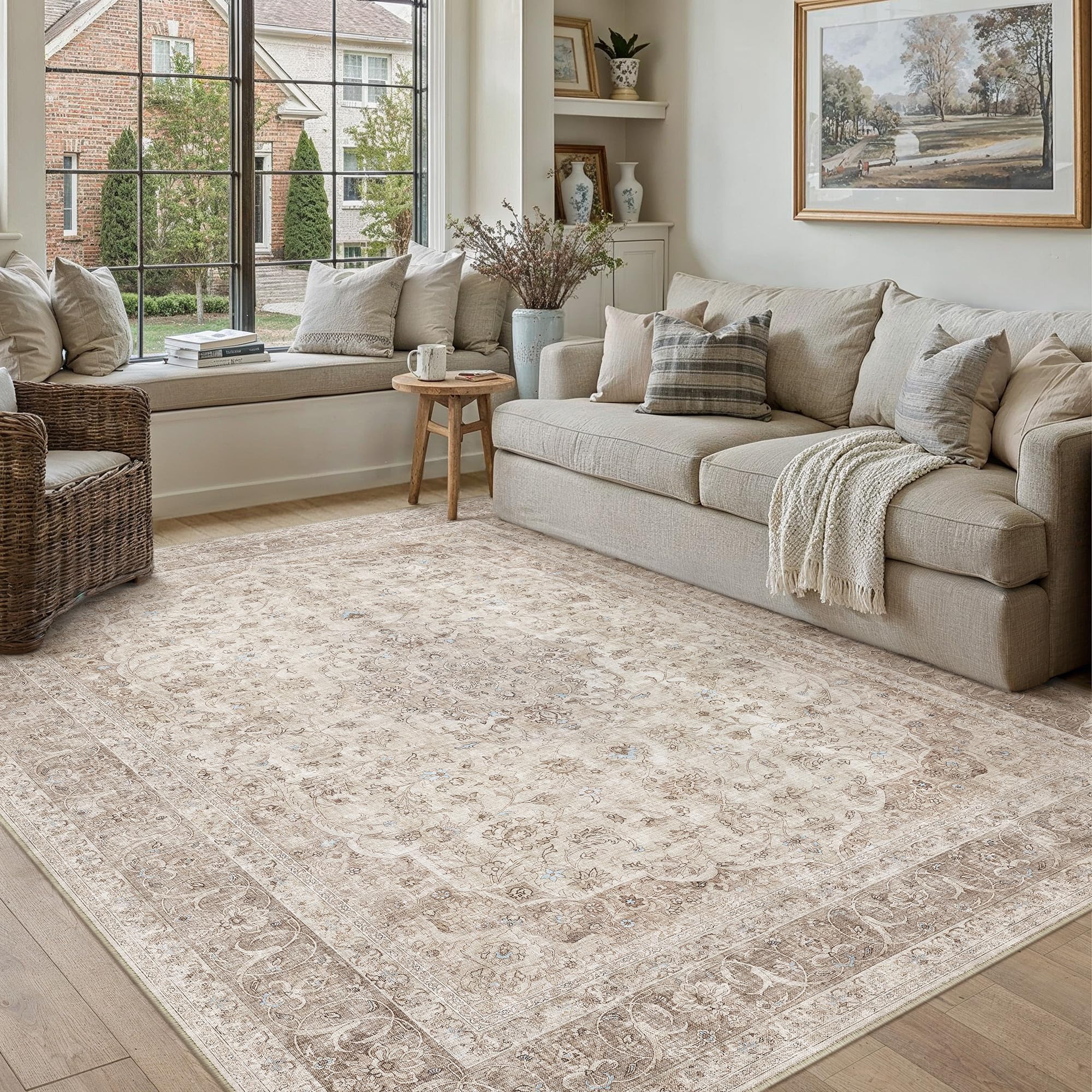 PureCozy Vintage Washable Beige Rugs for Bedroom Living Room 140x200cm, Soft Area Rugs with Non-Slip Backing, Traditional Printed Low-Pile for Kitchen Dining Room Laundry Office — image 1