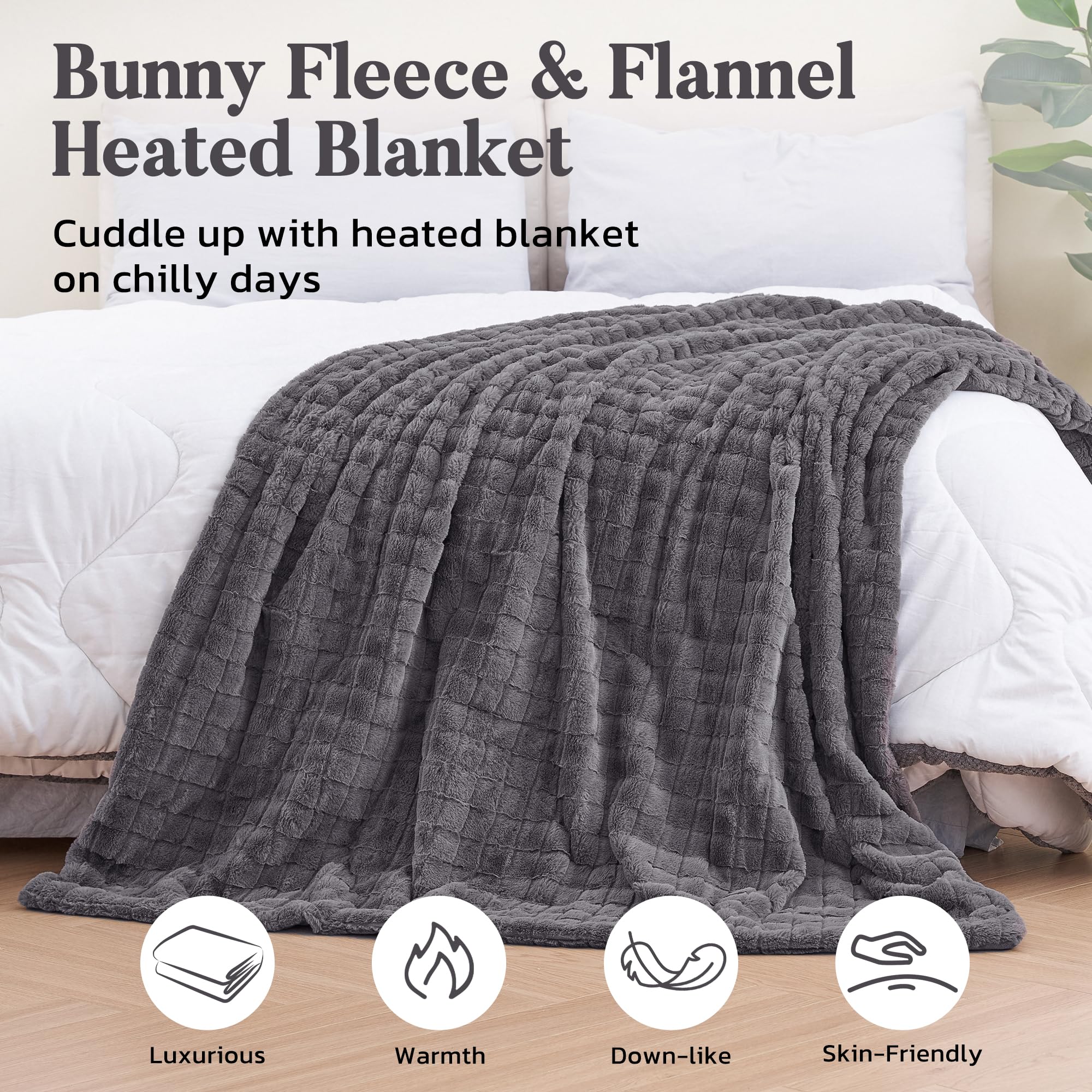 Manta eléctrica calefactora 130x180cm, Vellón de conejo 3D de rejilla & Franela, 4 ajustes de calor, Apagado automático 10H, Manta térmica lavable a máquina para cama sofá oficina (Gris oscuro)
