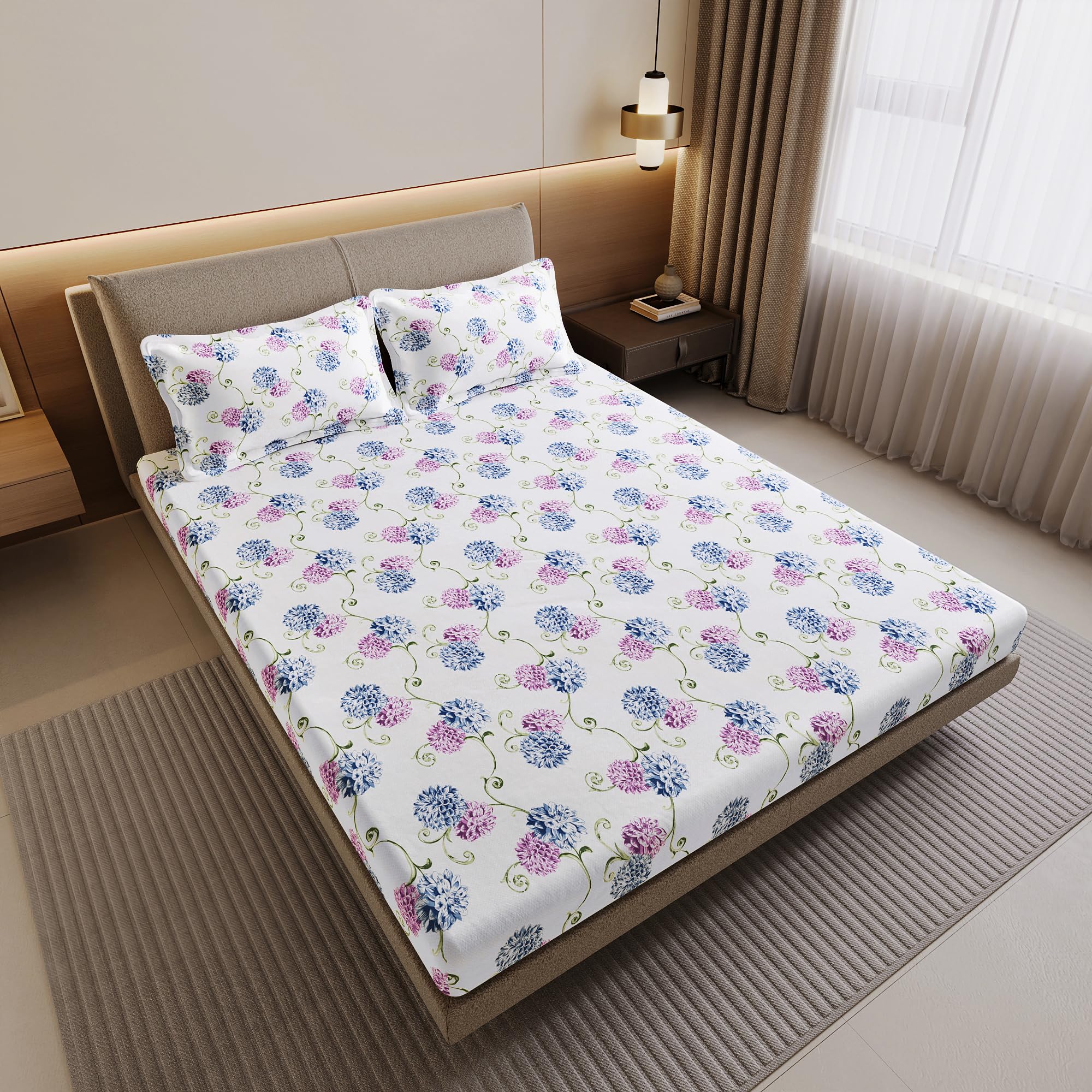 Divine Casa 100% Cotton 144 TC Double Bedsheet with 2 Pillow Covers | Soft Skin Friendly Breathable Bedding Set | Printed Bed Sheet for Bedroom | 222 x 254 cm (Blue Pink, Floral)