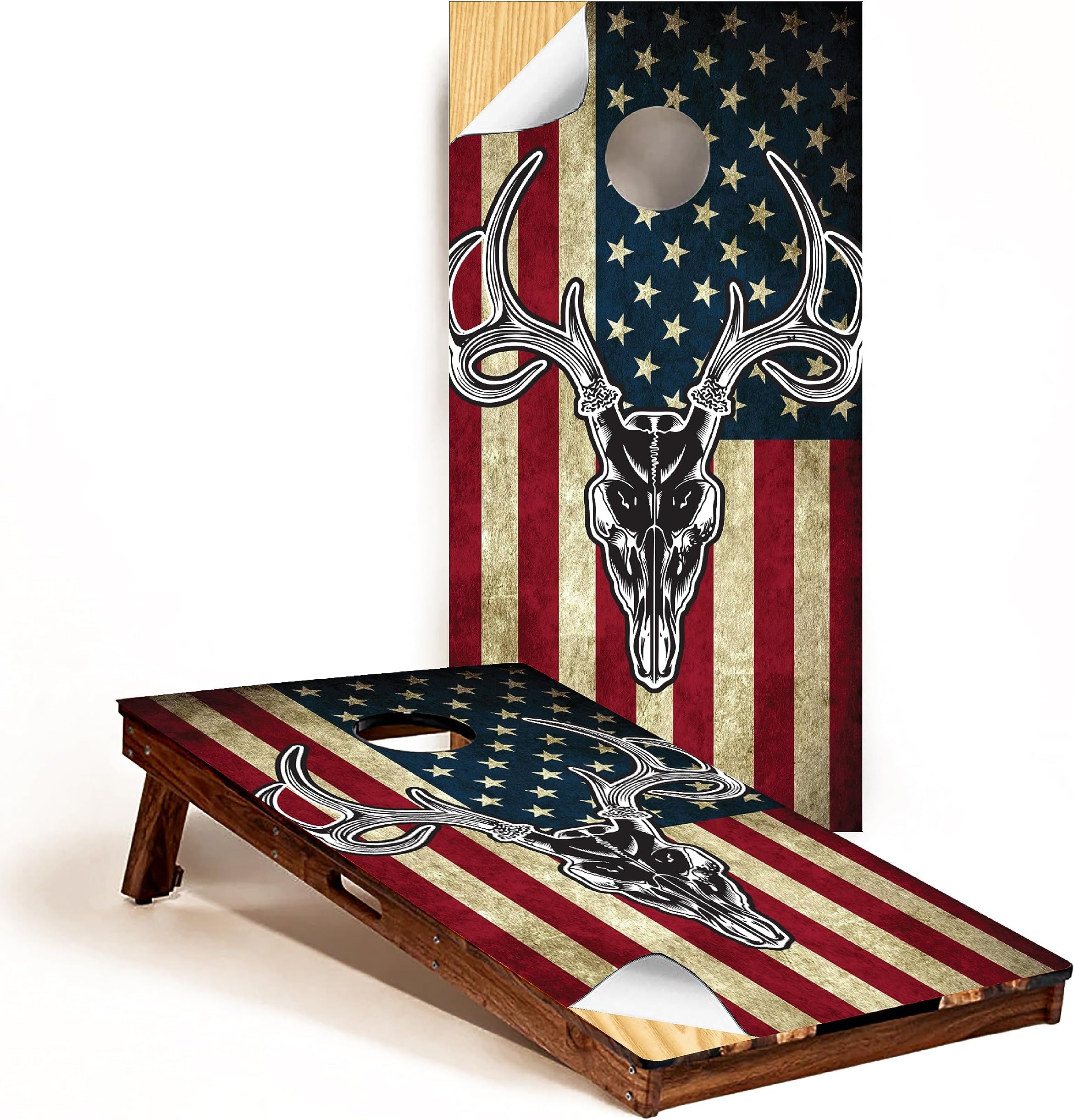 GRAPHIX Express - C201 American Flag Deer - Patriotic Cornhole Board Wrap - Laminated Weatherproof Vinyl Decal - Easy Bubble-Free Application - Stickers Dimensions: 2' x 4' - Set of 2