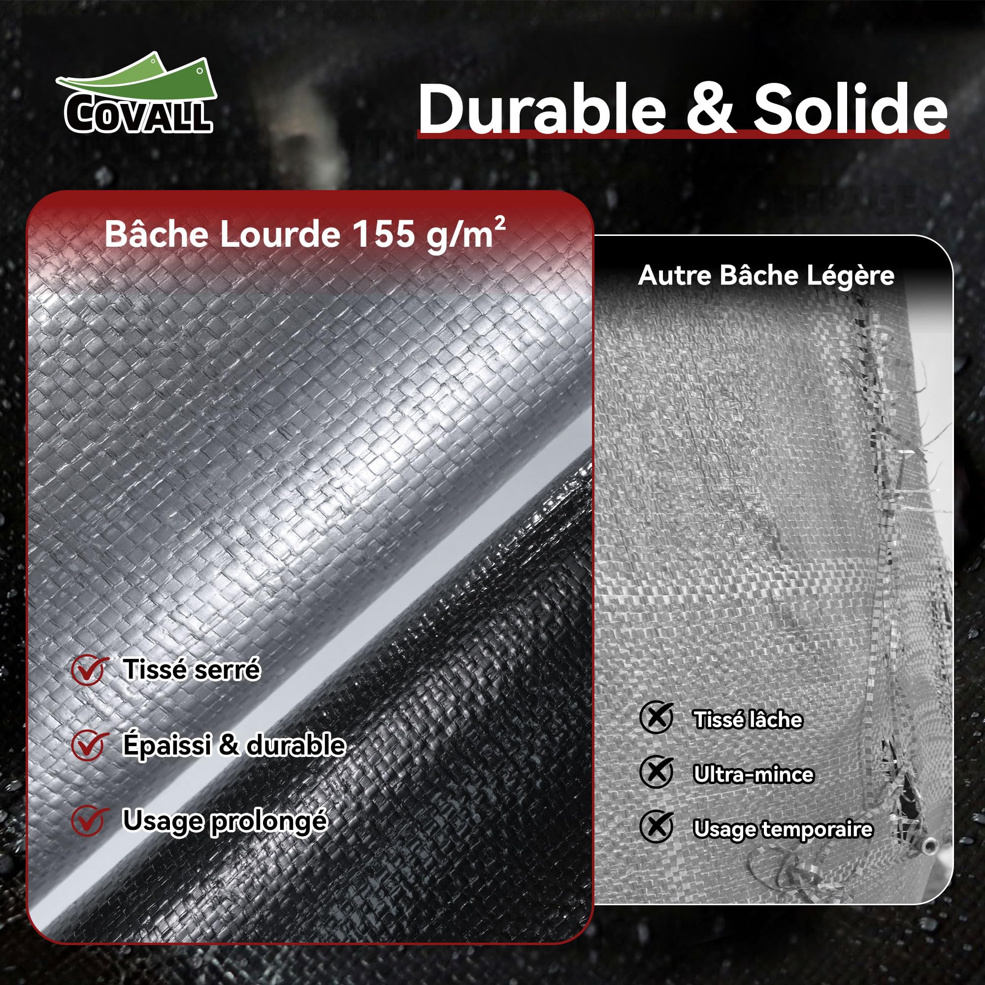 Bâche de Protection Imperméable pour Extérieur, Polyéthylène Renforcée avec Oeillets Anti-UV – pour, Jardin, Camping, Bois, 155 g/m² Argent/Noir, 4x4m