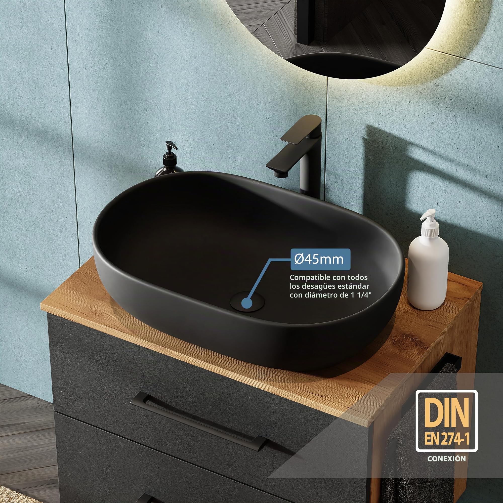 Planetmöbel LUX Juego de muebles de baño con lavabo y mueble bajo suspendido de 70 cm, incluye lavabo sobre encimera de 60 cm, color negro, mueble bajo en roble dorado/antracita