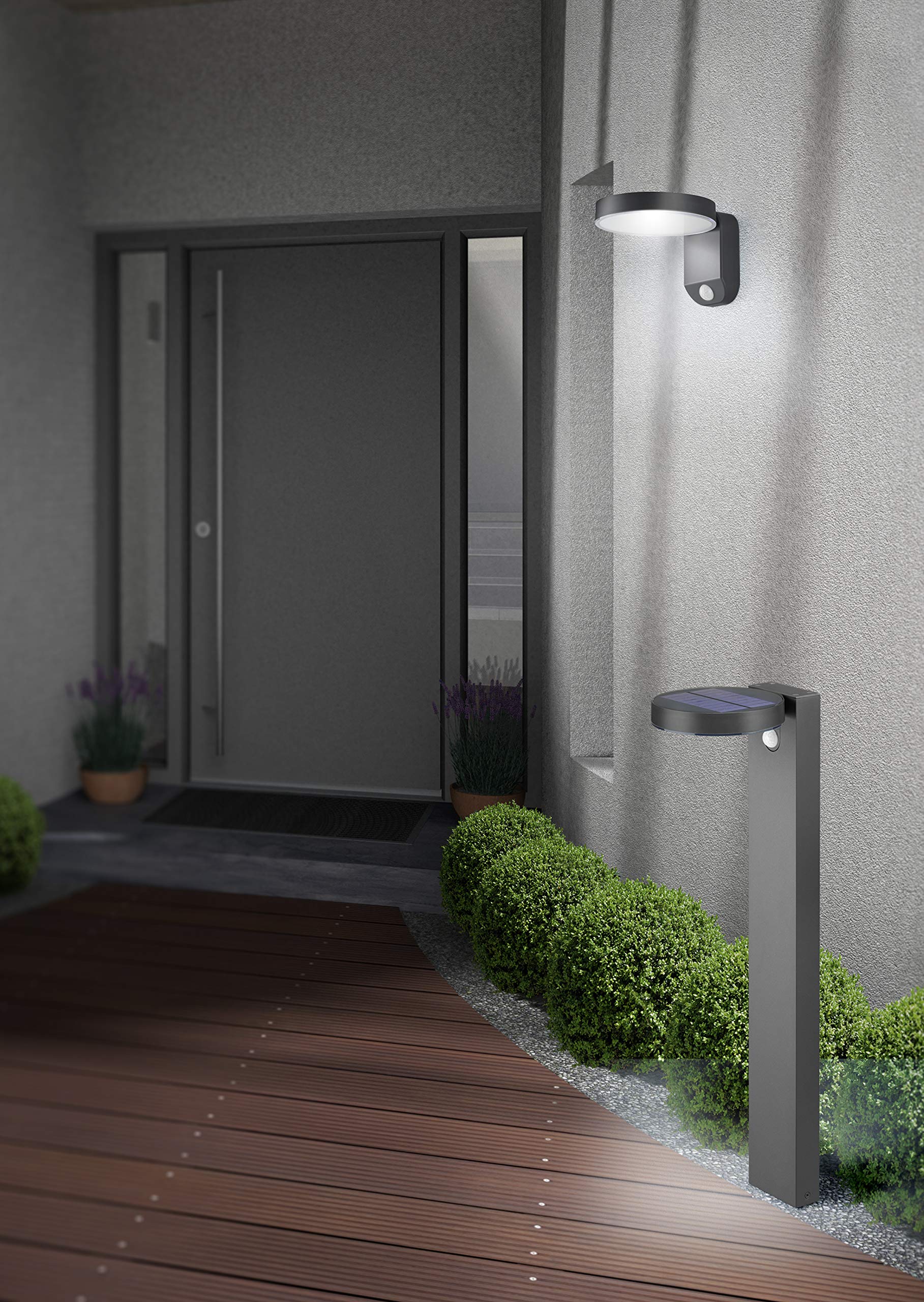 Reality Leuchten Posadas R42251142 lampa solarna LED, tworzywo sztuczne, antracyt, w zestawie 4,5 W LED, czujnik ruchu, lampa drogowa