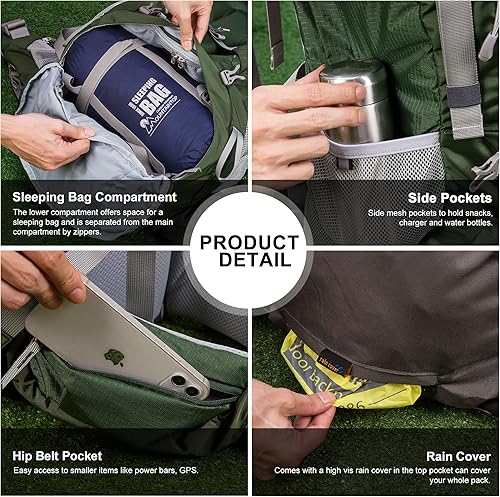 Miniatura 6 de MOUNTAINTOP Mochila de marco interno de 70L para camping, mochilero, mochila de senderismo para hombres y mujeres con cubierta de lluvia