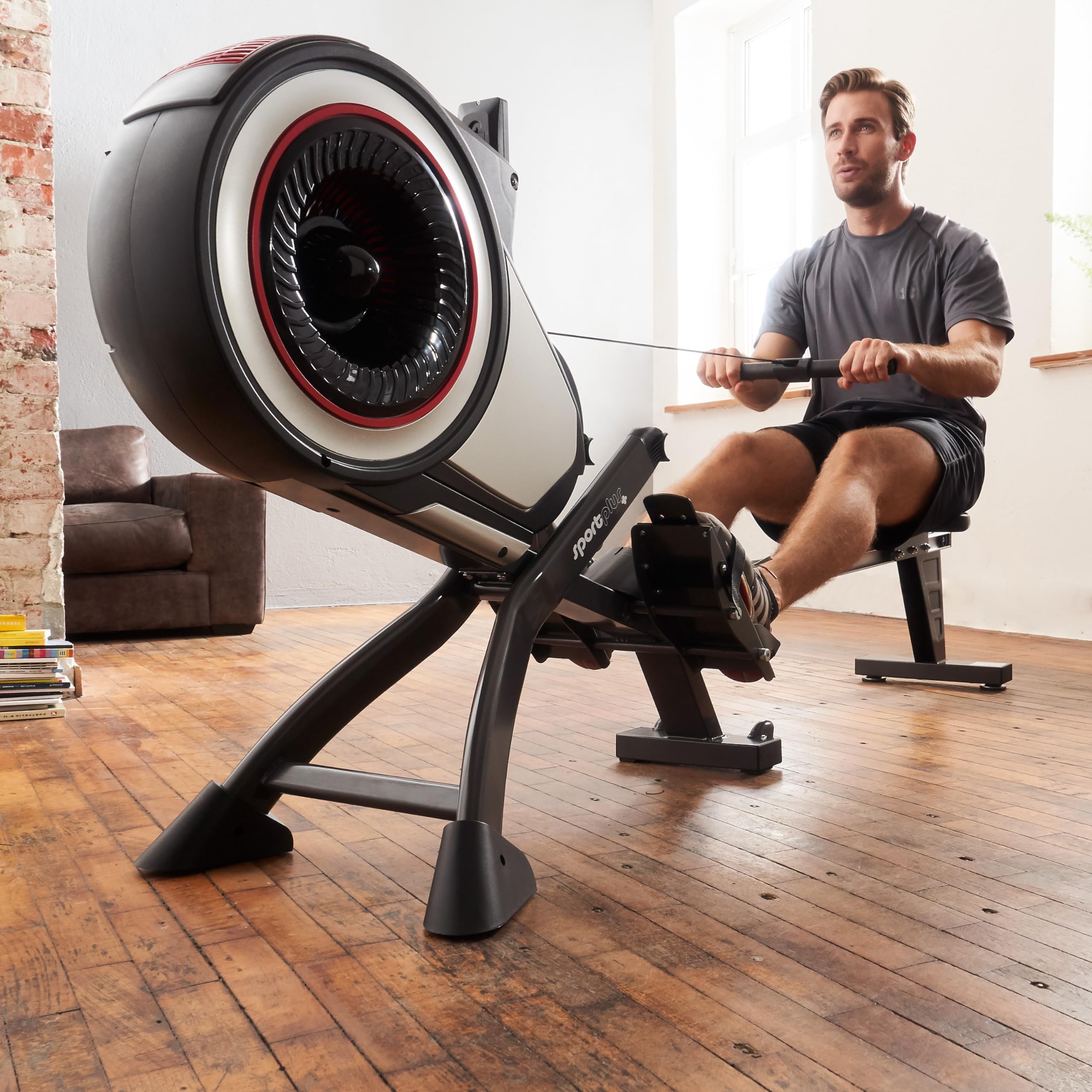 SportPlus Rameur pour la Maison avec résistance à l'air (8 Niveaux), Disponible avec compatibilité App, Silent et Fluid, Poids de l'utilisateur jusqu'à 150 kg