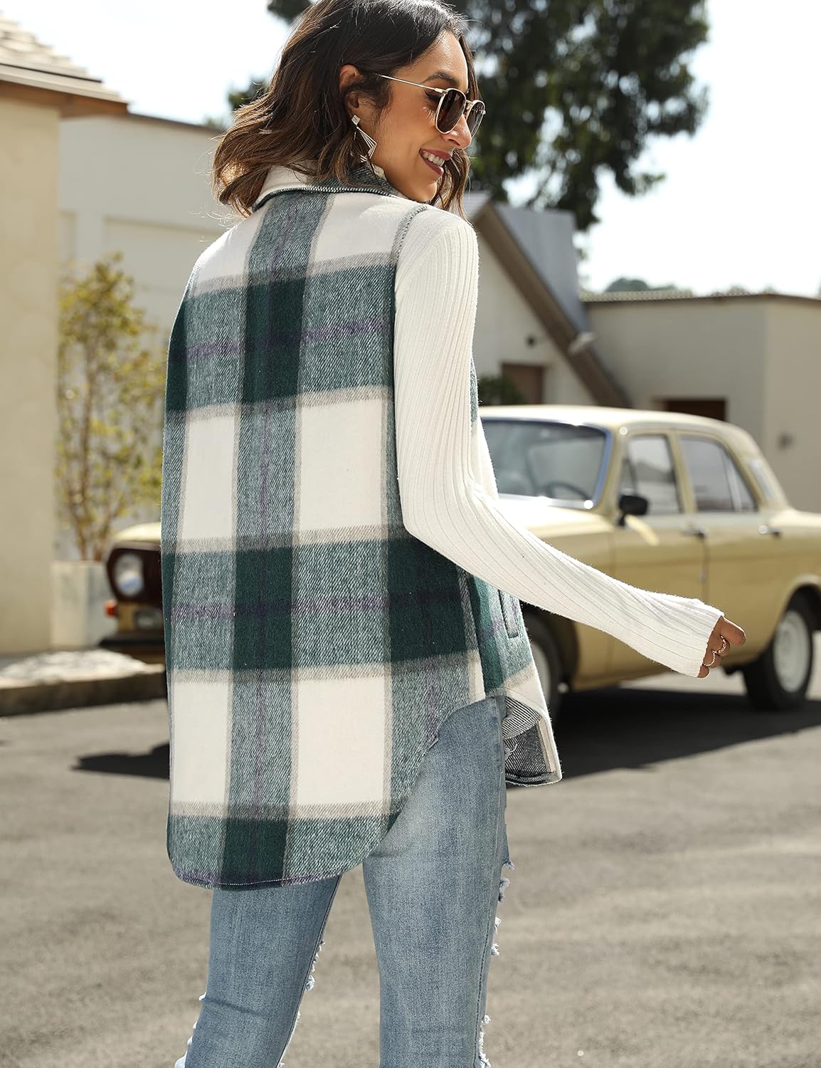 Tanming Women's Plaid Vest Brushed Flannel Sleeveless Shacket Shirt Jacket with Pockets - Image 7