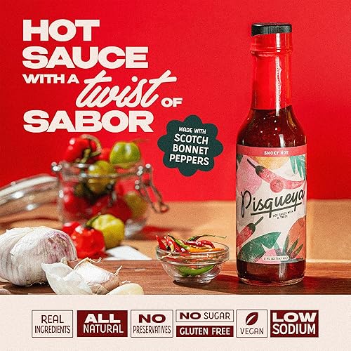 Miniatura 2 de PISQUEYA Salsa picante gourmet con pimientos caribeños escoceses bonnet - A base de plantas, sin azúcar, baja en sodio, sin gluten, realmente puedes