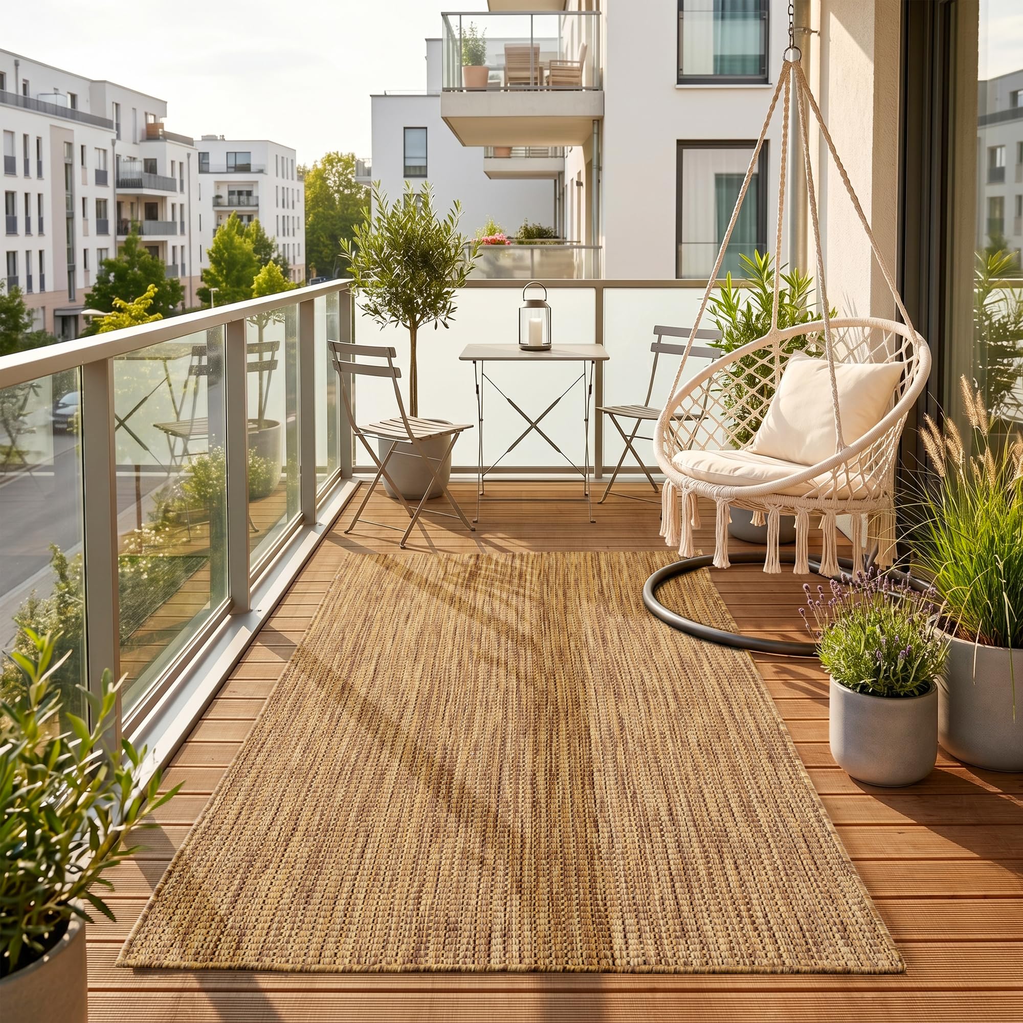 HomebyHome Outdoor Teppich Beige Balkon Terrasse Garten Wetterfest UV-beständig Teppich Einfarbig Flachgewebe Pflegeleicht Robust Modern