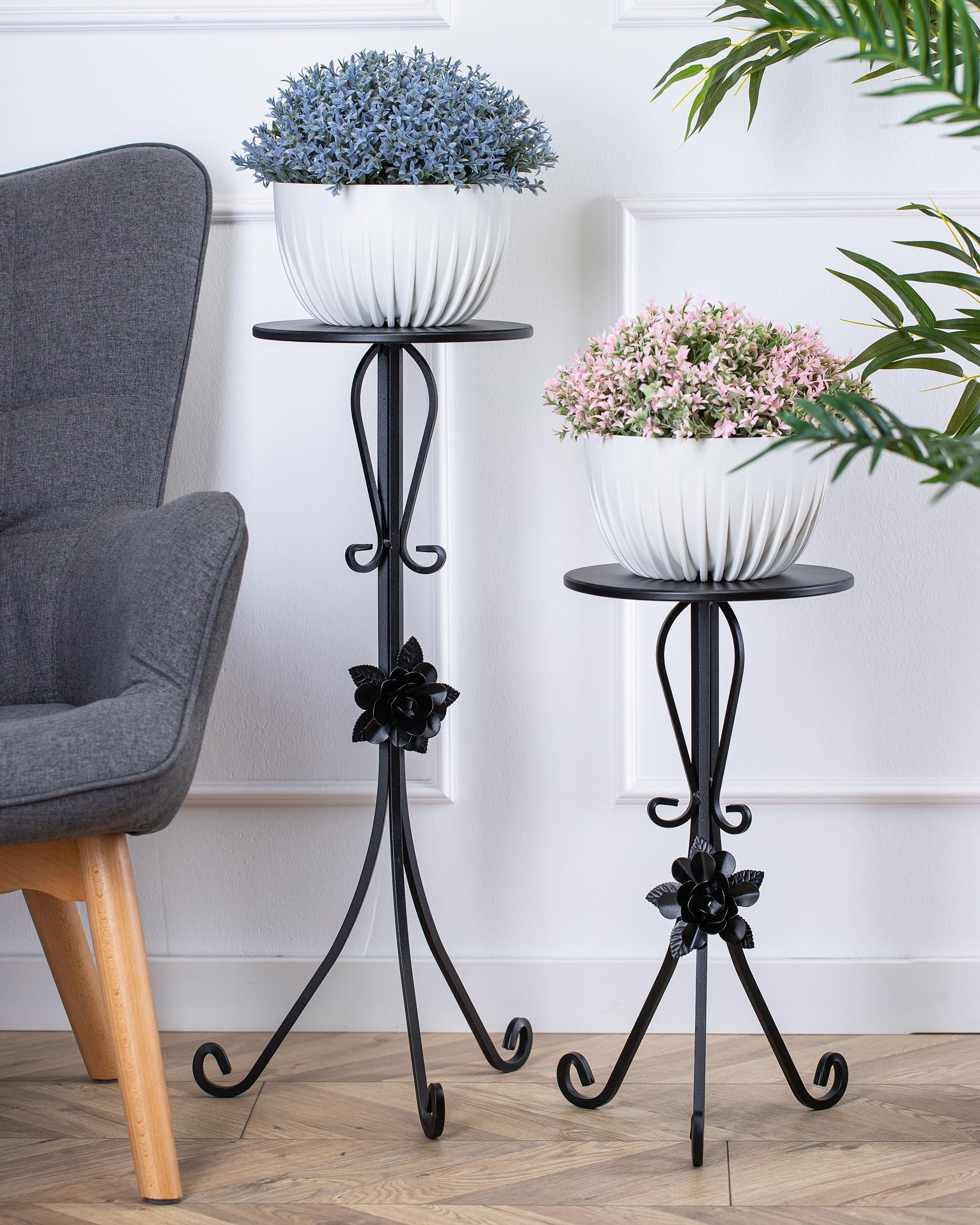 Portavaso rotondo in metallo, altezza 75 cm, realizzato a mano, in metallo, con elementi decorativi, supporto per fiori per il soggiorno e la camera da letto
