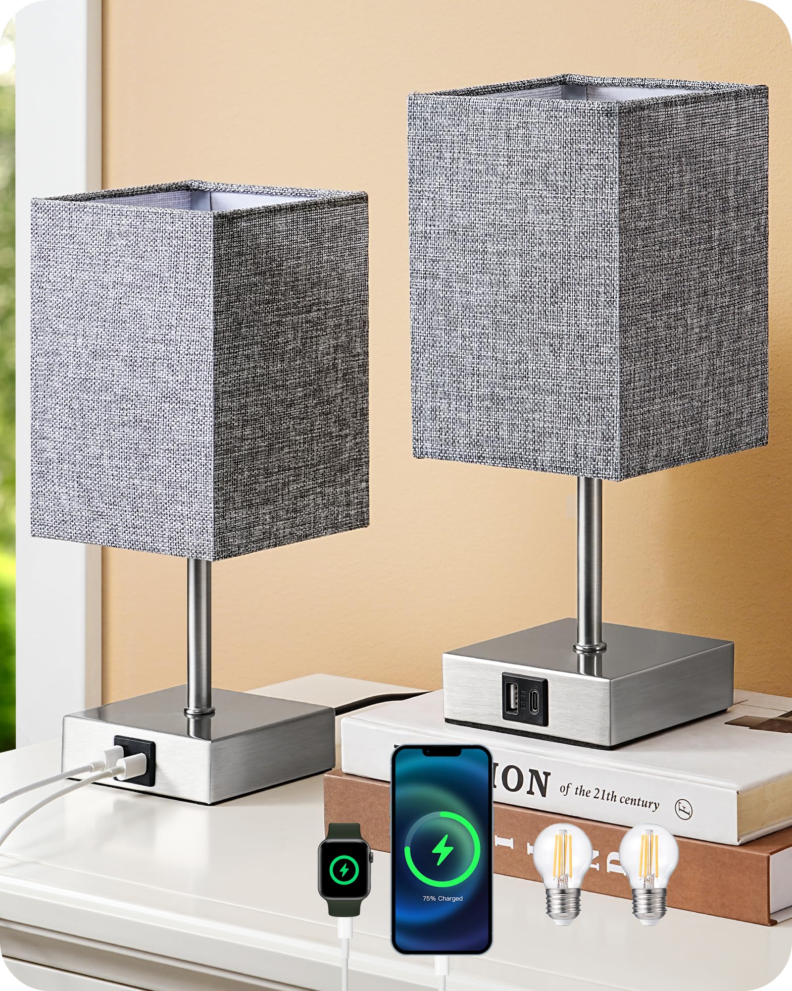 EDISHINE Bedside Lamps Set of 2, 3 Way Dimmable Table Lamp with USB A+C Charging Ports, Touch Lamps for Bedroom, Living Room, Grey (LED Bulbs Included)