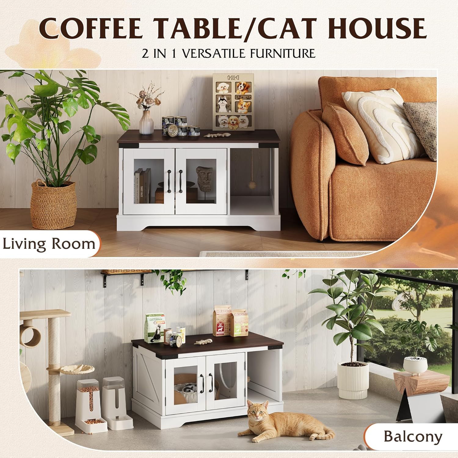 WLIVE Cat Litter Box Enclosure, Hidden Litter Box Furniture with Cat Teaser, Fit Most of Litter Box, Farmhouse Indoor Pet House, Coffee Table, End Table for Living Room, White