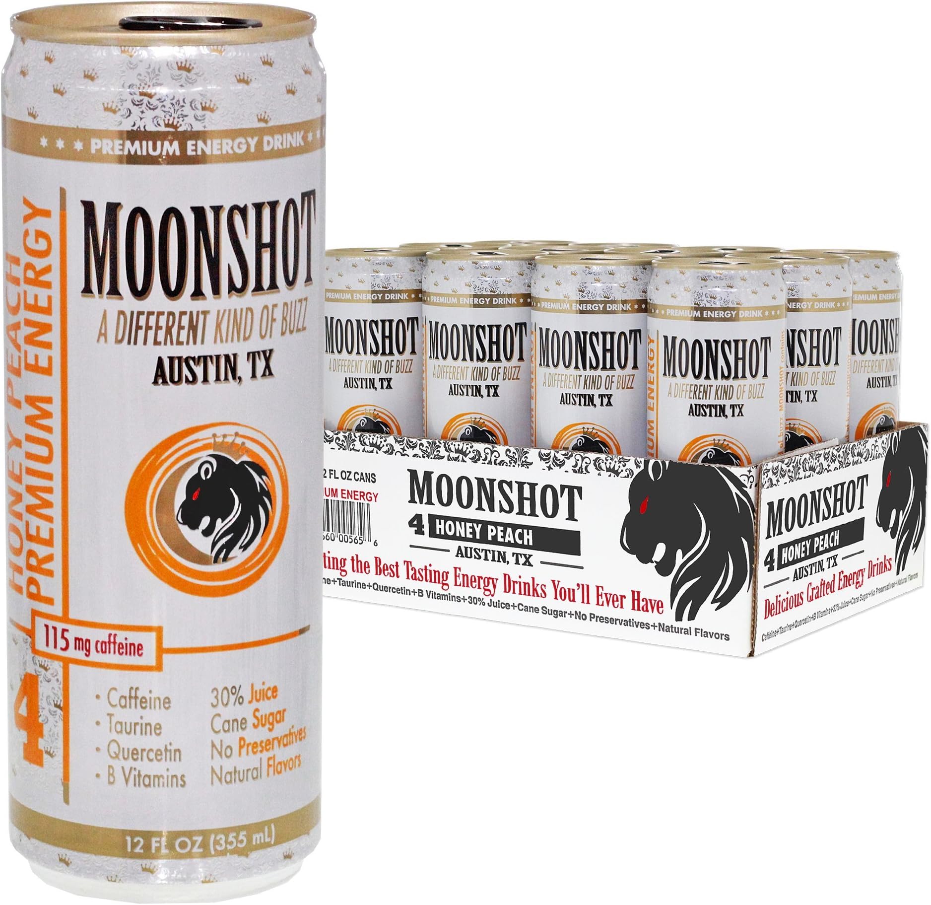 MOONSHOT Sparkling Honey Peach Energy Drink • 30% Juice • 115mg Caffeine • Pure Cane Sugar • Healthy All Natural Energy Drink • No Artificial Flavors, Sweeteners, Colors or Preservatives