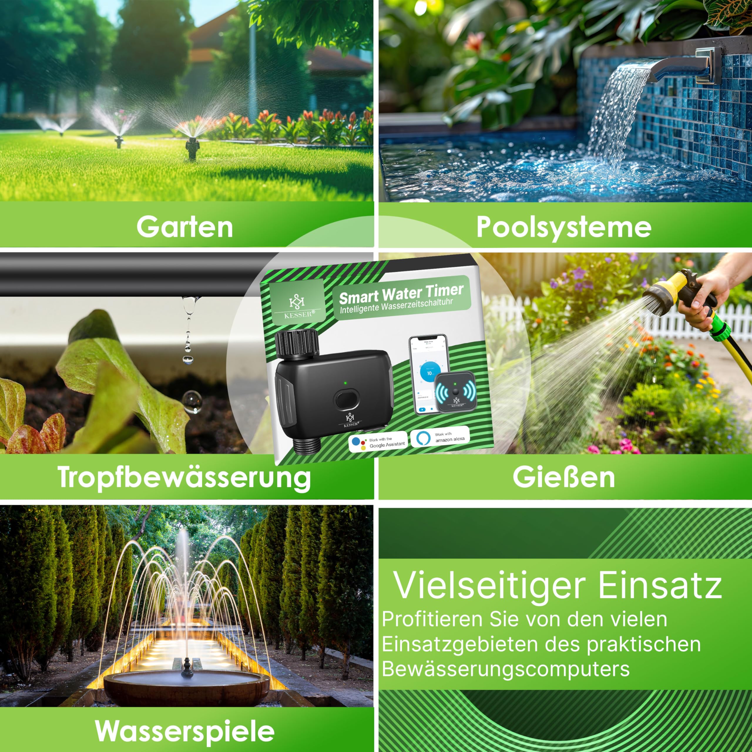 KESSER® Bewässerungssteuerung mit WLAN WiFi | Bewässerungscomputer für Garten & Balkon | Bewässerungssystem mit Zeitschaltuhr | Automatische Bewässerung App & Sprachsteuerung | Schwarz