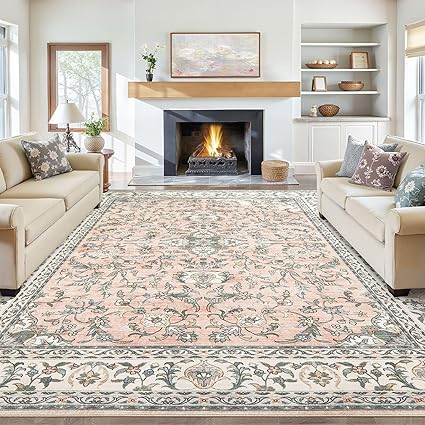 Tortania Area Rug Living Room Rugs - 10x14 Washable Boho Rug Vintage Oriental Distressed Farmhouse Large Thin Indoor Carpet for Living Room Bedroom Under Dining Table Home Office - Floral Pink