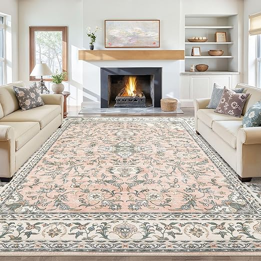 Tortania Area Rug Living Room Rugs - 10x14 Washable Boho Rug Vintage Oriental Distressed Farmhouse Large Thin Indoor Carpet for Living Room Bedroom Under Dining Table Home Office - Floral Pink