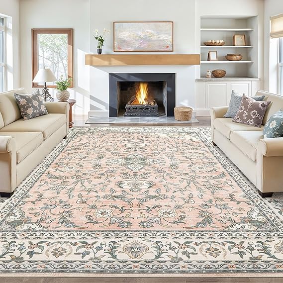 Tortania Area Rug Living Room Rugs - 10x14 Washable Boho Rug Vintage Oriental Distressed Farmhouse Large Thin Indoor Carpet for Living Room Bedroom Under Dining Table Home Office - Floral Pink