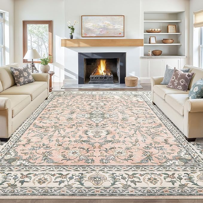 Tortania Area Rug Living Room Rugs - 10x14 Washable Boho Rug Vintage Oriental Distressed Farmhouse Large Thin Indoor Carpet for Living Room Bedroom Under Dining Table Home Office - Floral Pink