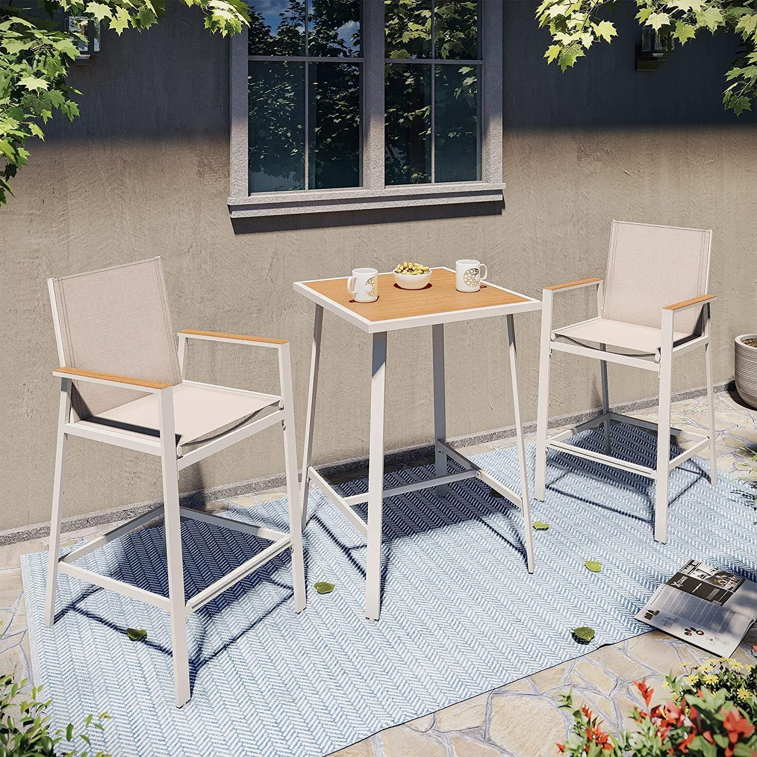 LAUSAINT HOME 3 Pieces Patio Outdoor Bar Set, All-Weather Textilene Bar Chairs and Wood-Like Height Table, Bar Set with Metal Counter Bar Stools and Table for Garden, Deck, Balcony