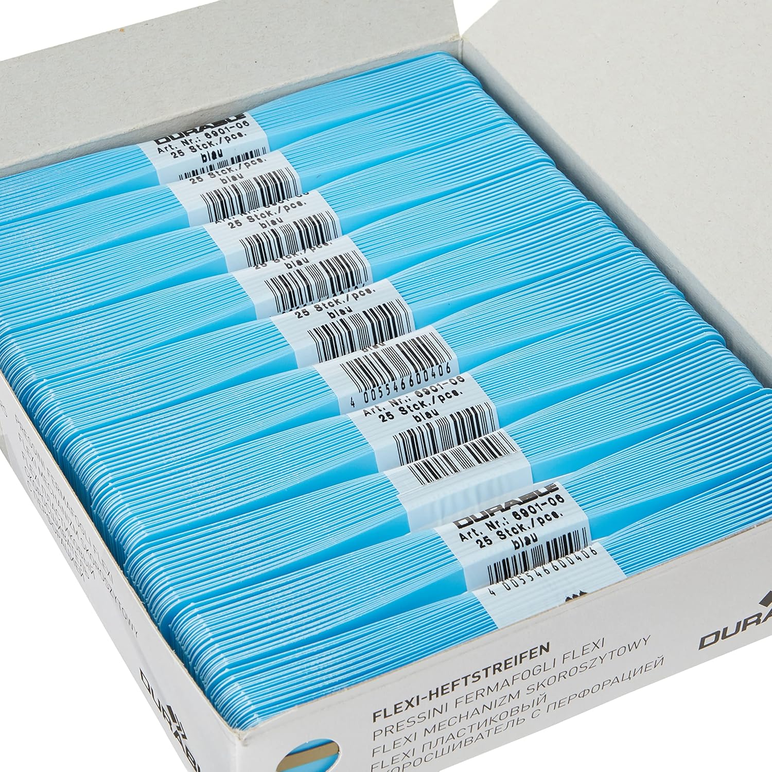 Durable 690106 Flexi Fastener Binders Plastic Holder with Universal Perforations 60/80-80 mm Spacing - Size 34 x 150 mm - Optimal Capacity 200 Sheets - Colors Blue lot of 250