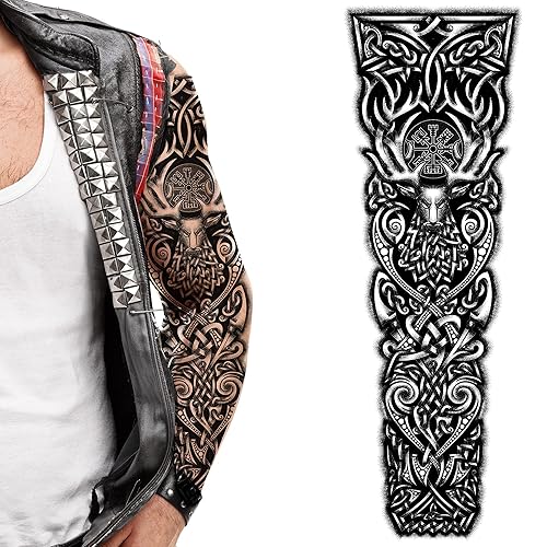 2 tatuajes temporales, vikingo de brazo completo, ciervo, soga, cuerpo artístico, calcomanías nórdico, celta, tribal, edad media, medieval,