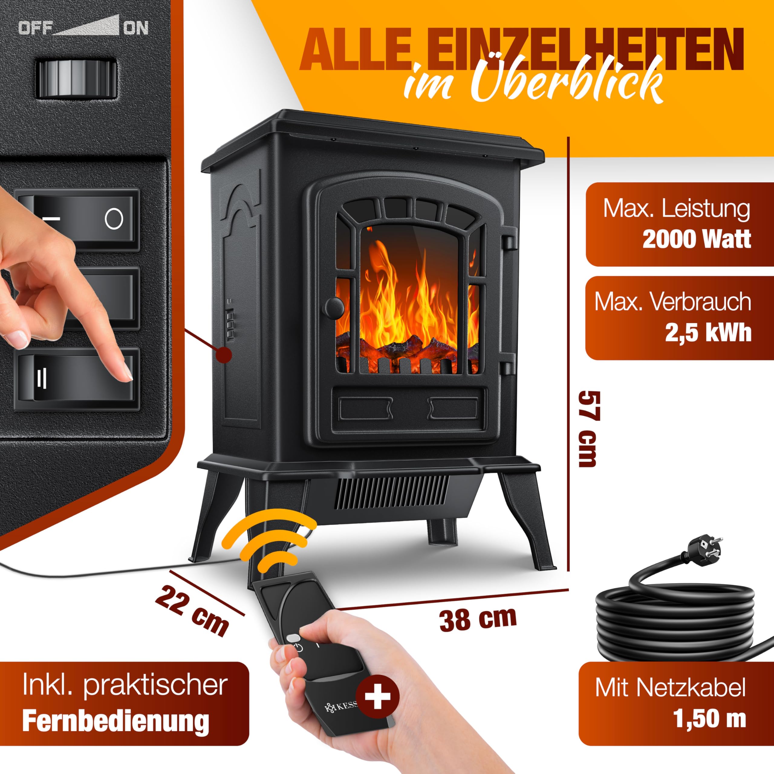 Kominek elektryczny KESSER® z termowentylatorem, kominek elektryczny 2000 W, ogrzewanie elektryczne LED efekt kominka, kominek, efekt płomienia, grzałka, piecyk, cichy, regulowany, czarny