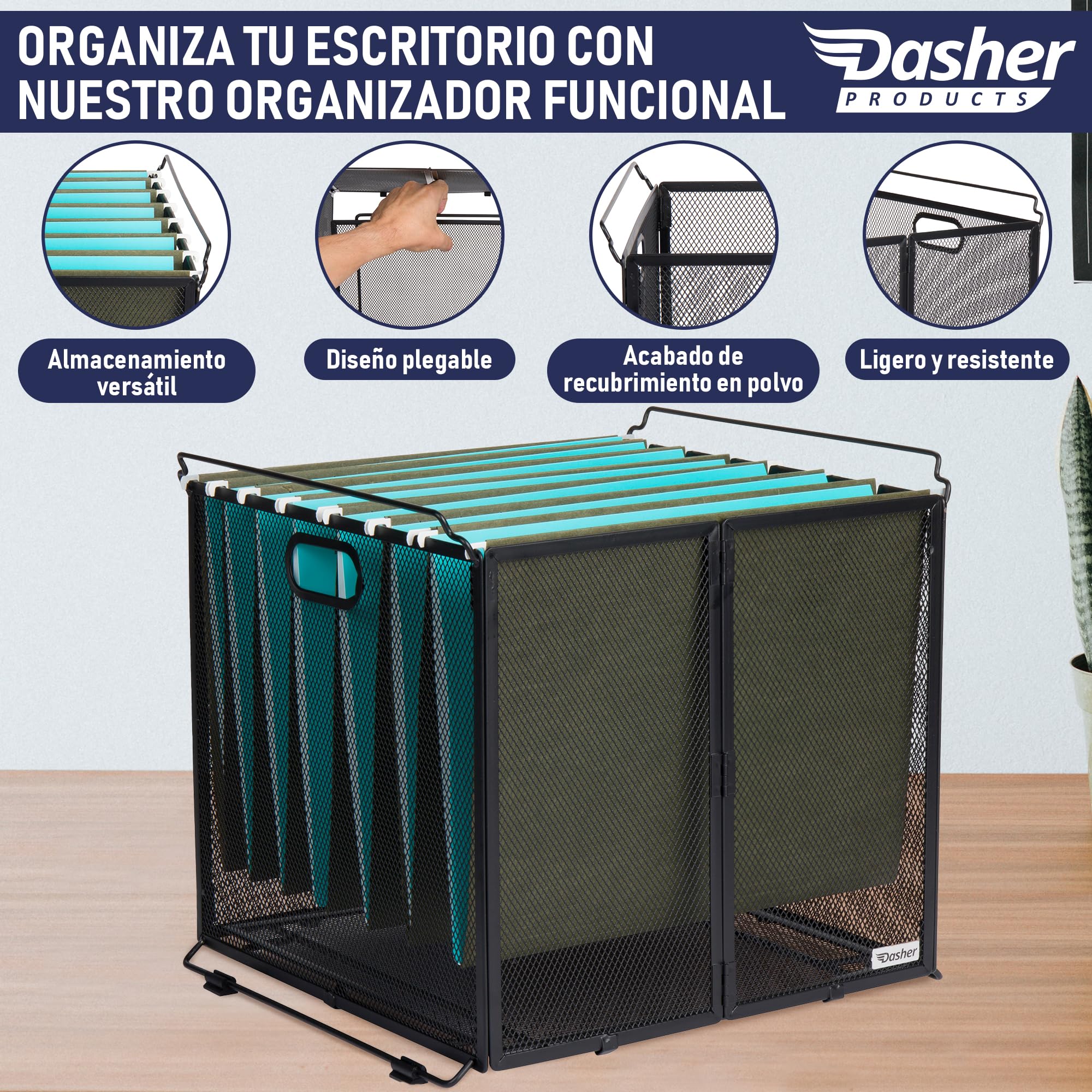 Dasher Products Organizador de documentos colgante tamaño A4, contenedor de carpeta de archivos suspendida, caja de malla de metal negro, soporte para documentos, organizador portátil colgante