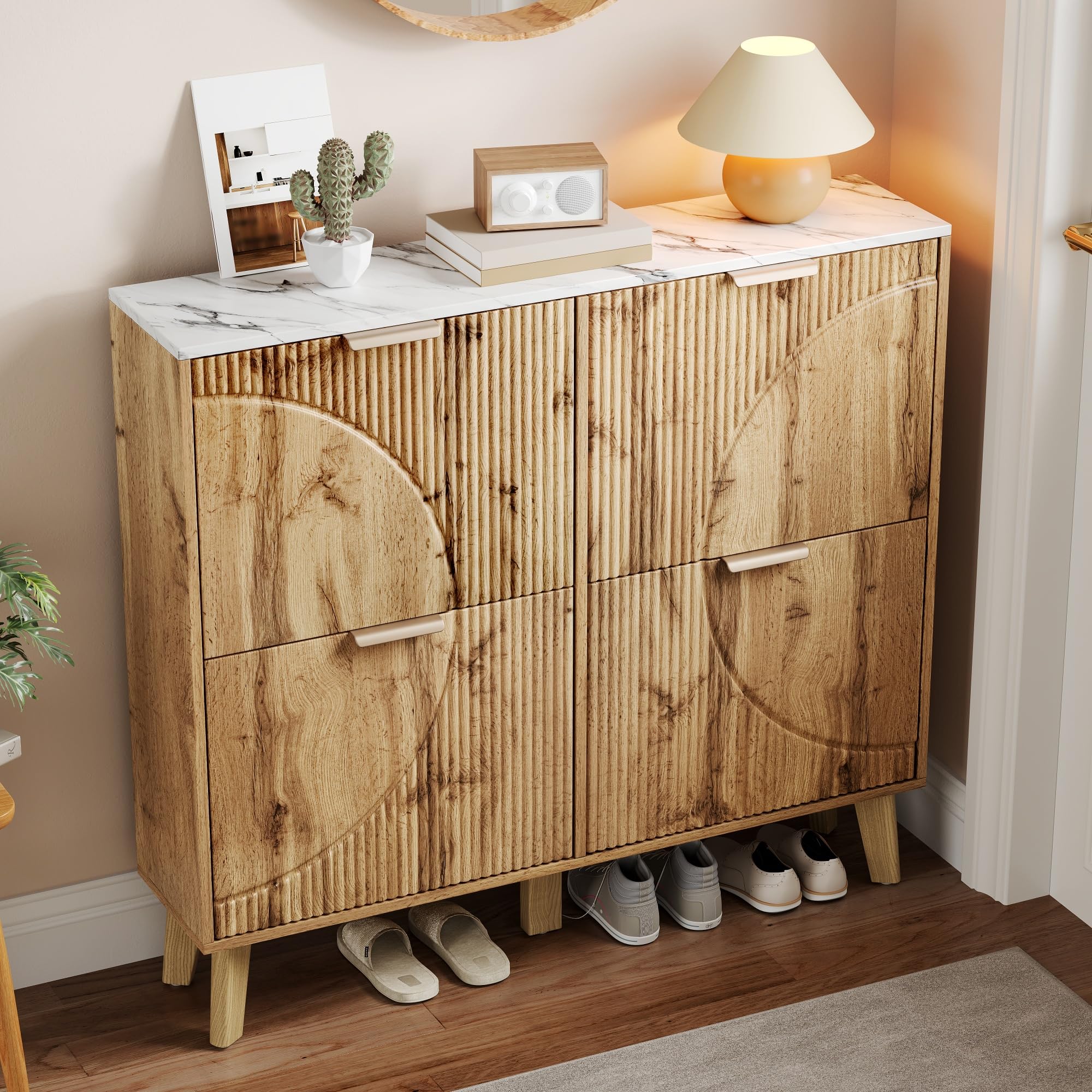 Scarpiera con coperchio incernierato effetto legno, 105 x 24 x 95,5 cm, quattro ante, piano di lavoro effetto marmo, pannelli porta in rilievo 3D, gambe coniche in legno massello, armadietto