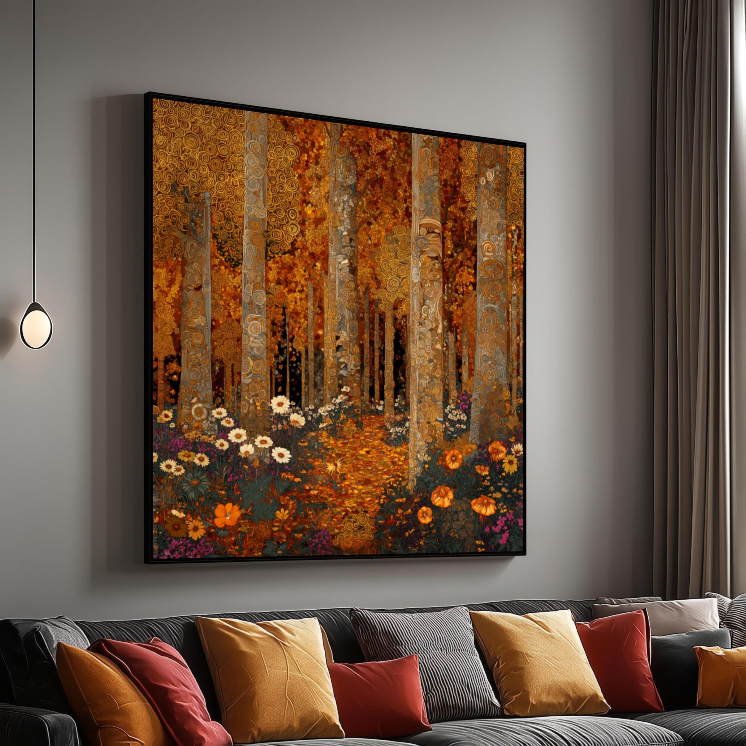 XINBAO Jesienna leśna ścieżka dekoracyjna na płótnie złoty pomarańczowy krajobraz słynny kwiatowy obraz dekoracja ścienna do domu (60 x 60 cm / wewnętrzna rama)