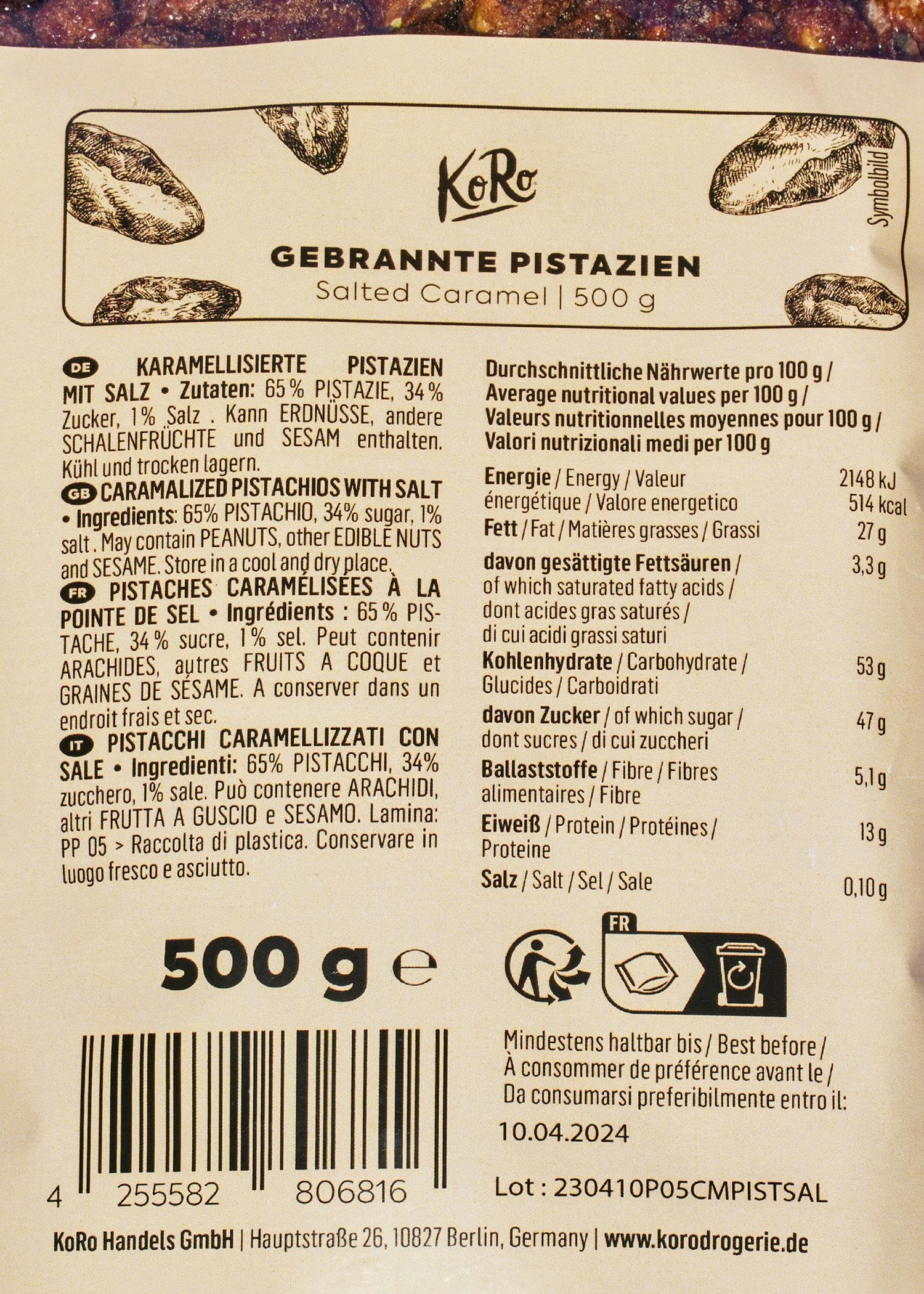 KoRo - Pistaches au caramel salé 500g - Pistaches grillées et caramélisées avec une pincée de sel - Combinaison de sucré et de salé - 500g vrac