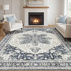 Tortania Area Rug Living Room Rugs - 8x10 Washable Boho Rug Vintage Oriental Distressed Farmhouse Large Thin Indoor Carpet for Living Room Bedroom Under Dining Table Home Office - Indigo