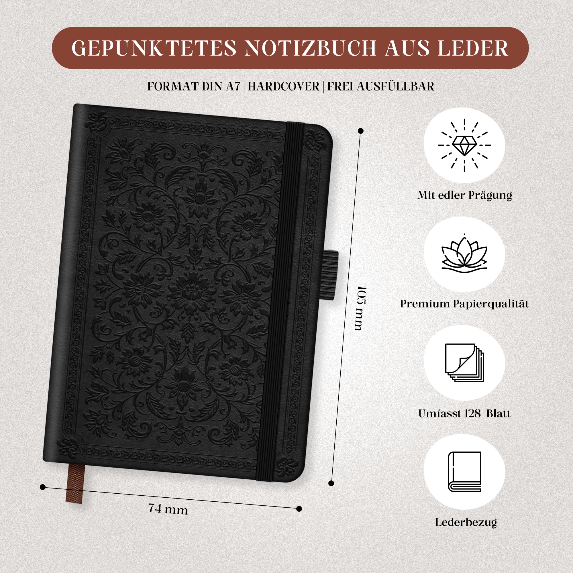 BIROYAL Mini notatnik A7 w kropki, twarda okładka Bullet Journal, 128 kartek mały notatnik w kropki, papier 120gsm, notatnik w kropki, estetyczny notatnik dla kobiet i mężczyzn notatki, bazgranie